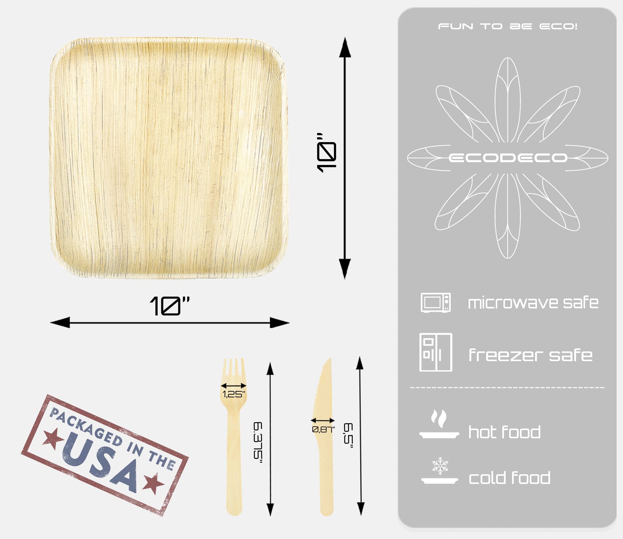 ECODECO 10 Inch Square Palm Leaf Compostable Plates - 50 Pack Eco-Friendly Disposable Dinnerware Set with Cutlery, Biodegradable Like Bamboo Plates for Parties, Picnics & Sustainable Events