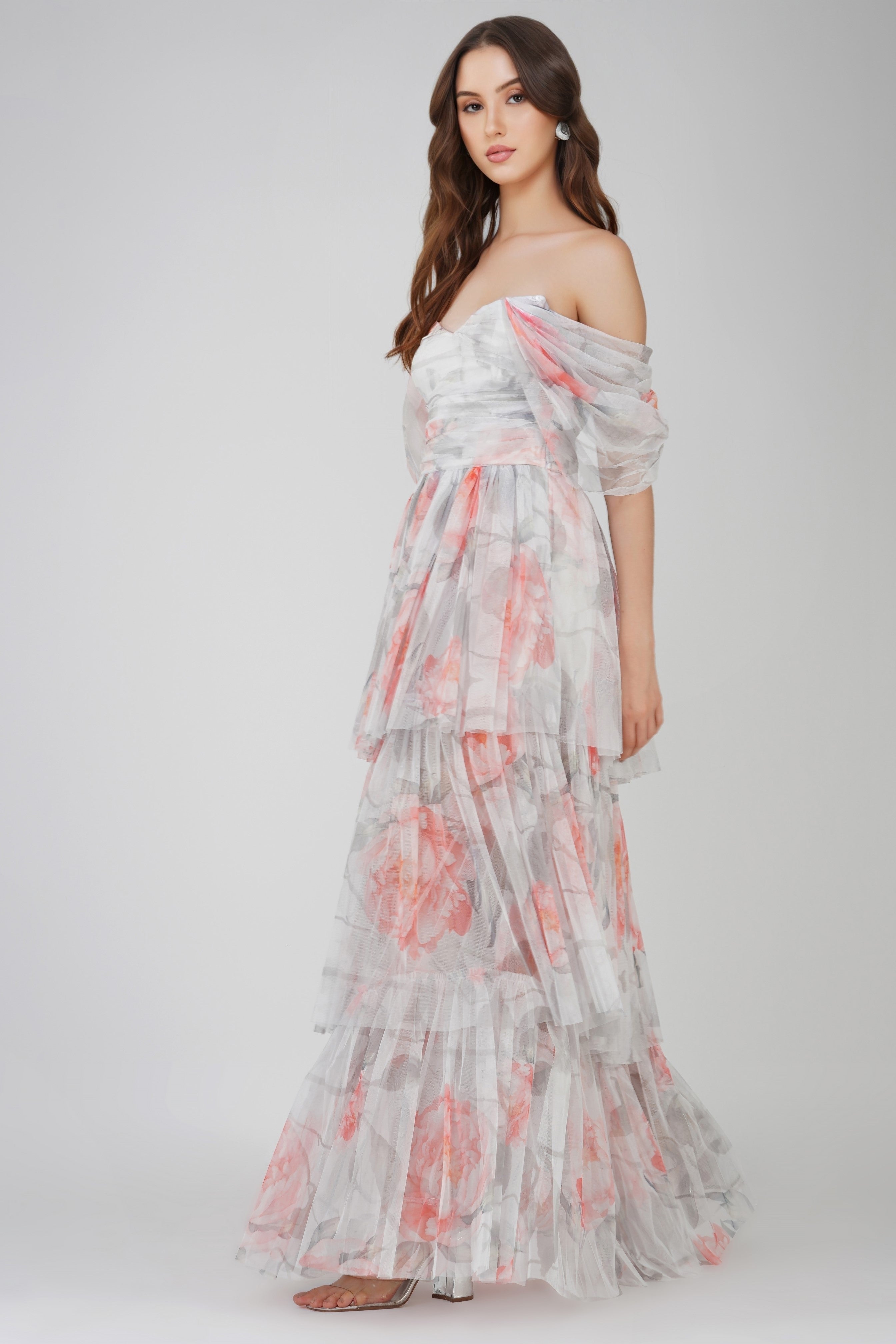 Peach Floral Sydney Tulle Maxi Dress - Elegant Long Formal Gown for Weddings, Prom, Evening Parties & Special Occasions