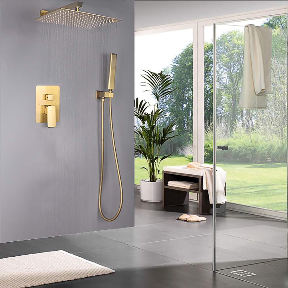 Brushed Gold Shower System - 12 Inch Rain Shower Head & Handheld Shower Combo with Pressure Balance Valve - Luxury Bathroom Faucet Set for Spa-Like Experience - Perfect for Master Bathroom Remodel or Modern Home Upgrade