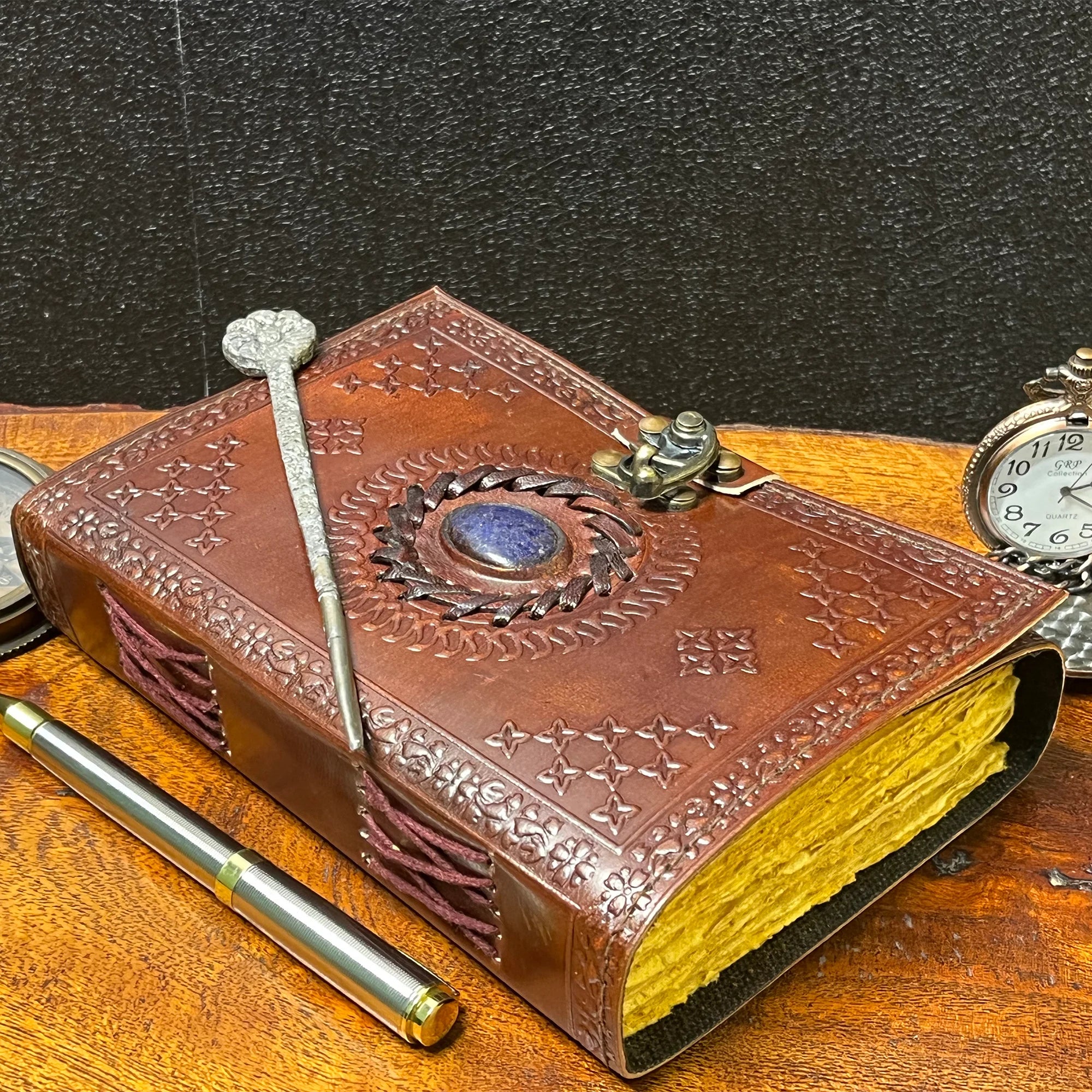 Vintage Leather Journal with Antique Deckle Edge Paper & Semi-Precious Stones - Perfect for Writing, Sketching & Gift Giving