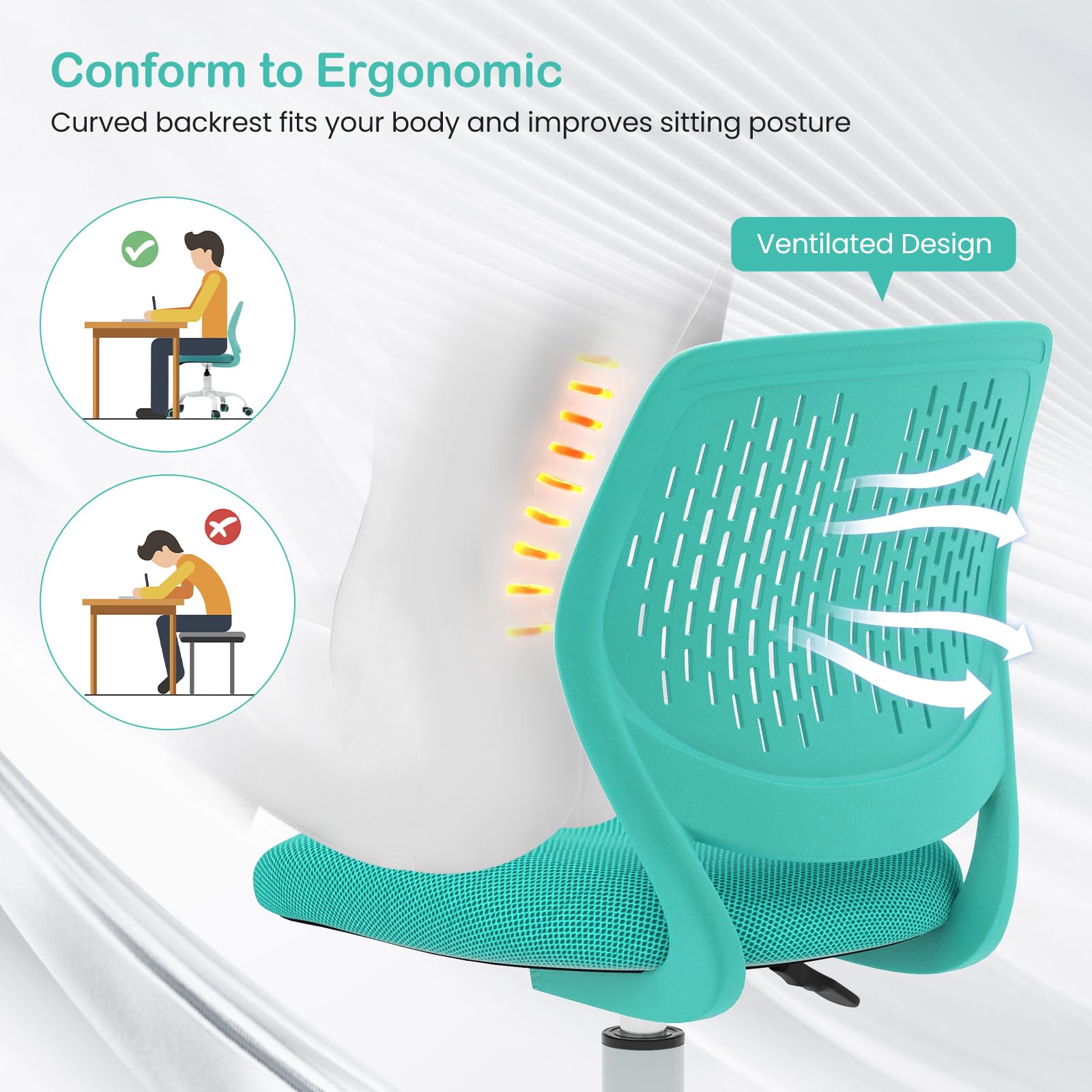 Giantex Adjustable Height Kids Desk Chair - Armless Mesh Study Chair with Swivel & Lumbar Support for Teens - Ergonomic Computer Chair for Home, School & Office - Turquoise