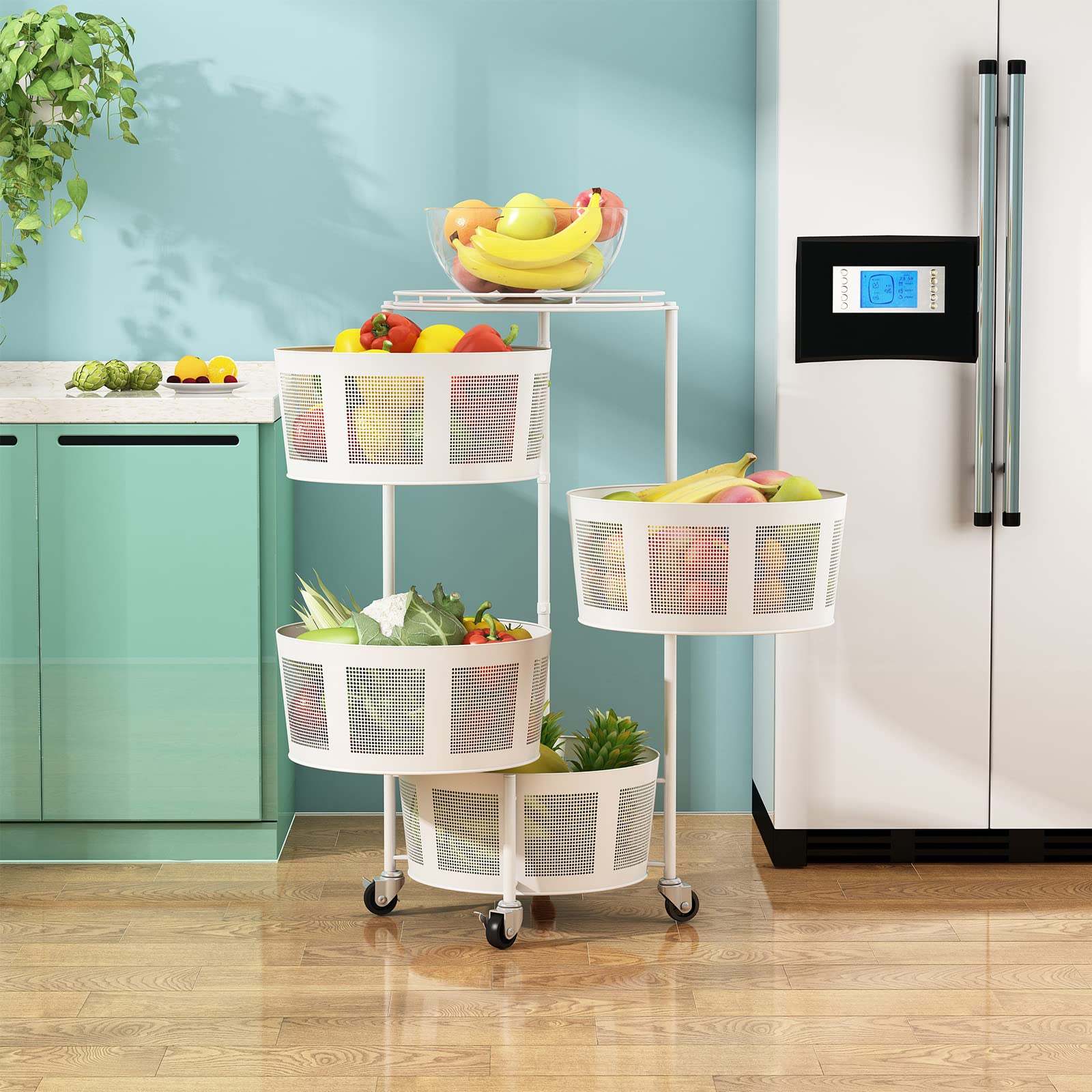 4-Tier Rotating Kitchen Storage Rack - Space Saving Organizer for Fruits, Vegetables & Snacks - Adjustable Mobile Shelf for Kitchen, Living Room & Bathroom - Perfect for Small Spaces & Home Organization (White)