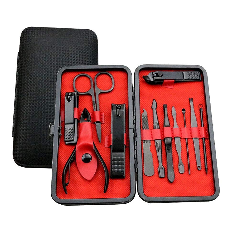 VENJA Professional 12-in-1 Manicure & Pedicure Set - Stainless Steel Nail Clippers, Blackhead Tools & Leather Travel Case - Perfect for Home, Travel & Salon Use (Black)