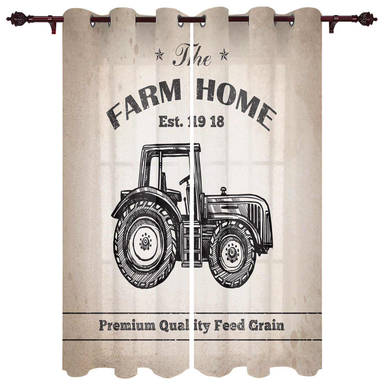 Farmhouse Vintage Tractor Pattern Sheer Curtains - 2 Panels Kitchen Tier Grommet Window Drapes 84 Inch Length for Living Room, Bedroom, Patio & Sliding Glass Door - Perfect for Rustic Decor, Natural Light Filtering and Privacy Protection