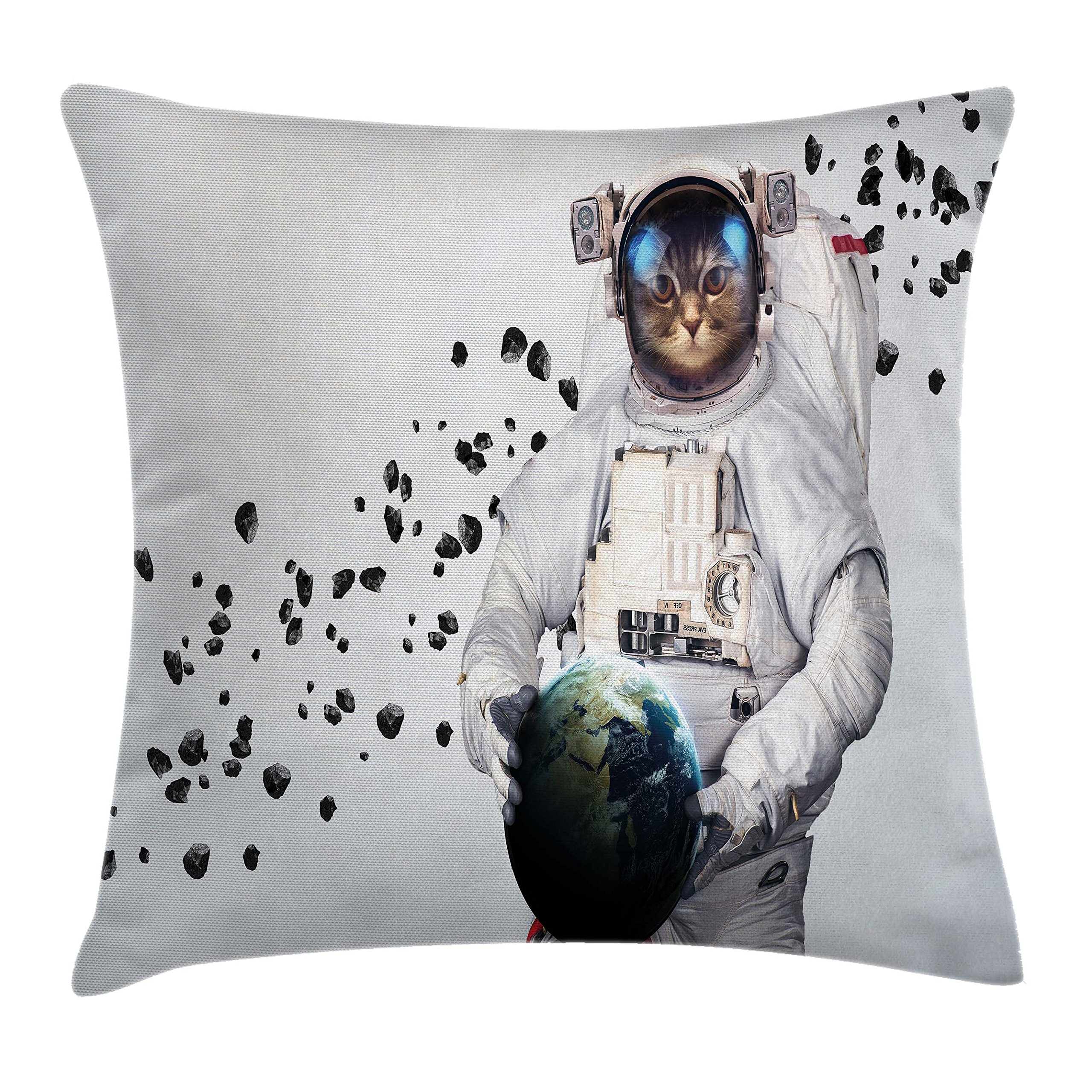 Ambesonne Space Cat Throw Pillow Cover 28x28 Inch - Astronaut Kitten in Space Suit Holding Planet with Galaxy Design - Decorative Square Pillow Case for Sofa, Bed, Nursery (White, Black, Blue)