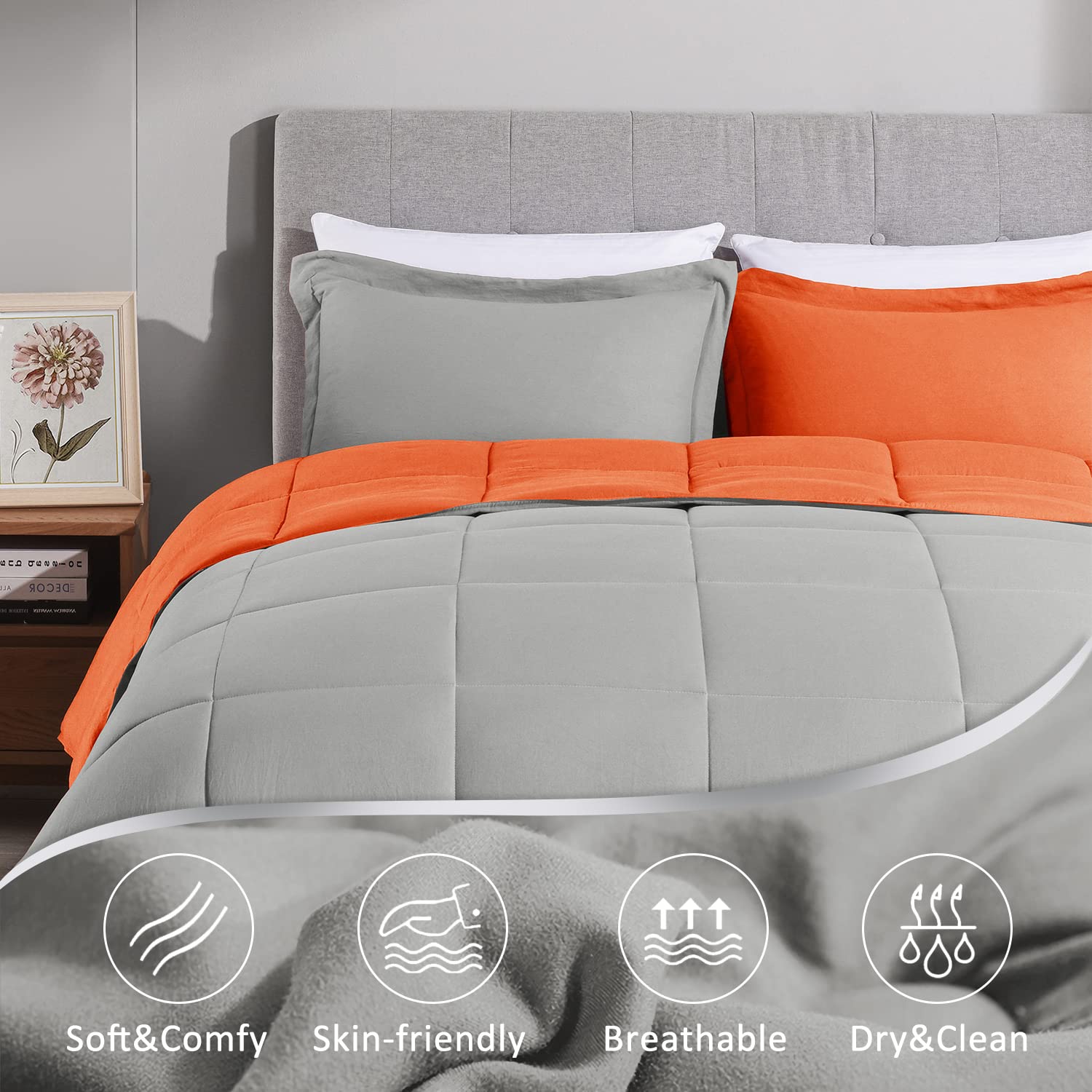 LOVTEX 3-Piece King Size Comforter Set - Ultra Soft Washed Microfiber Reversible Down Alternative Bedding in Orange/Grey - Includes 1 King Comforter & 2 Pillow Shams - Perfect for Master Bedroom, Guest Room & Cozy Winter Nights
