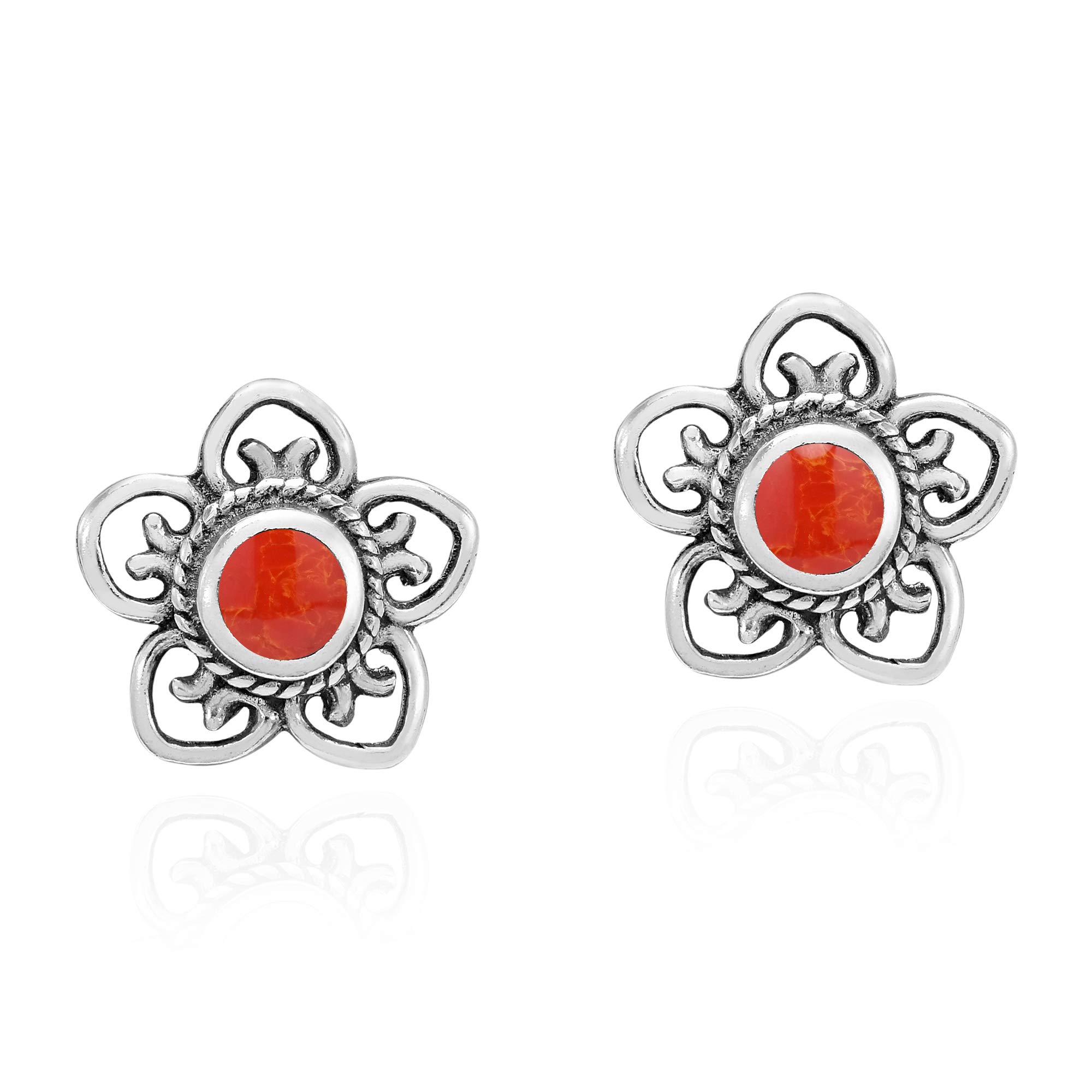 AeraVida .925 Sterling Silver Swirl Heart Petal Flower Reconstructed Red Coral Stud Earrings for Women | Dainty Heart Flower Jewelry | Valentine's Day Gift | Perfect for Date Night, Wedding & Special Occasions