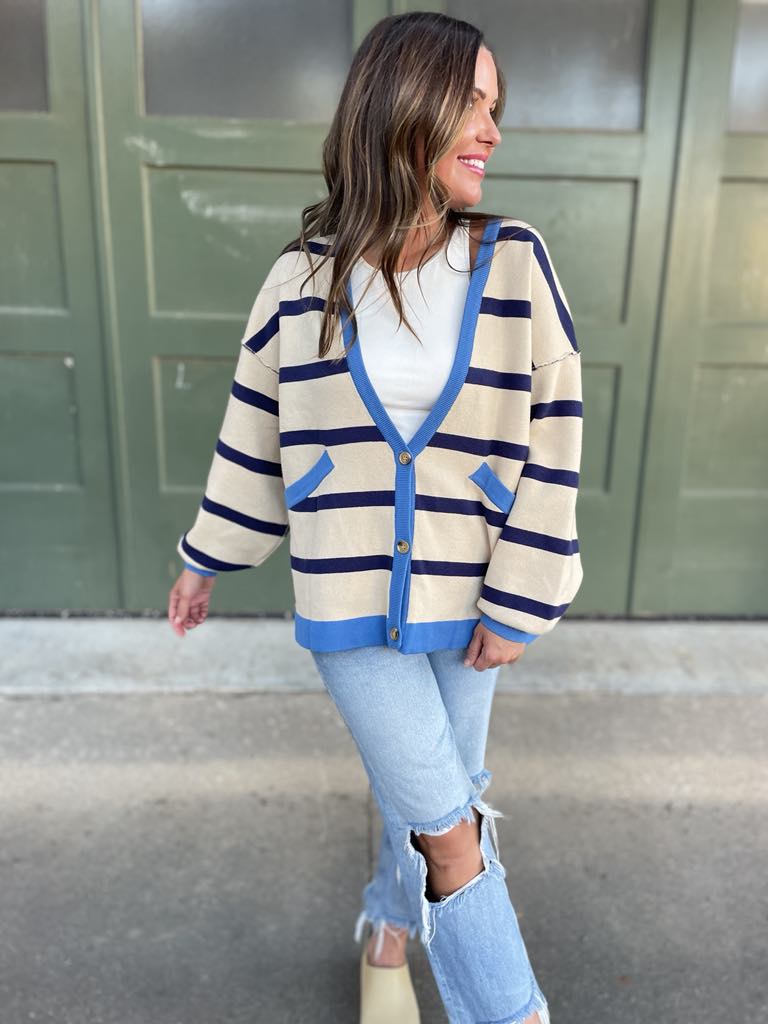 PREORDER: Navy Stripe Contrast Trim Cardigan | Women's Knit Sweater | Perfect for Office Wear & Casual Outfits