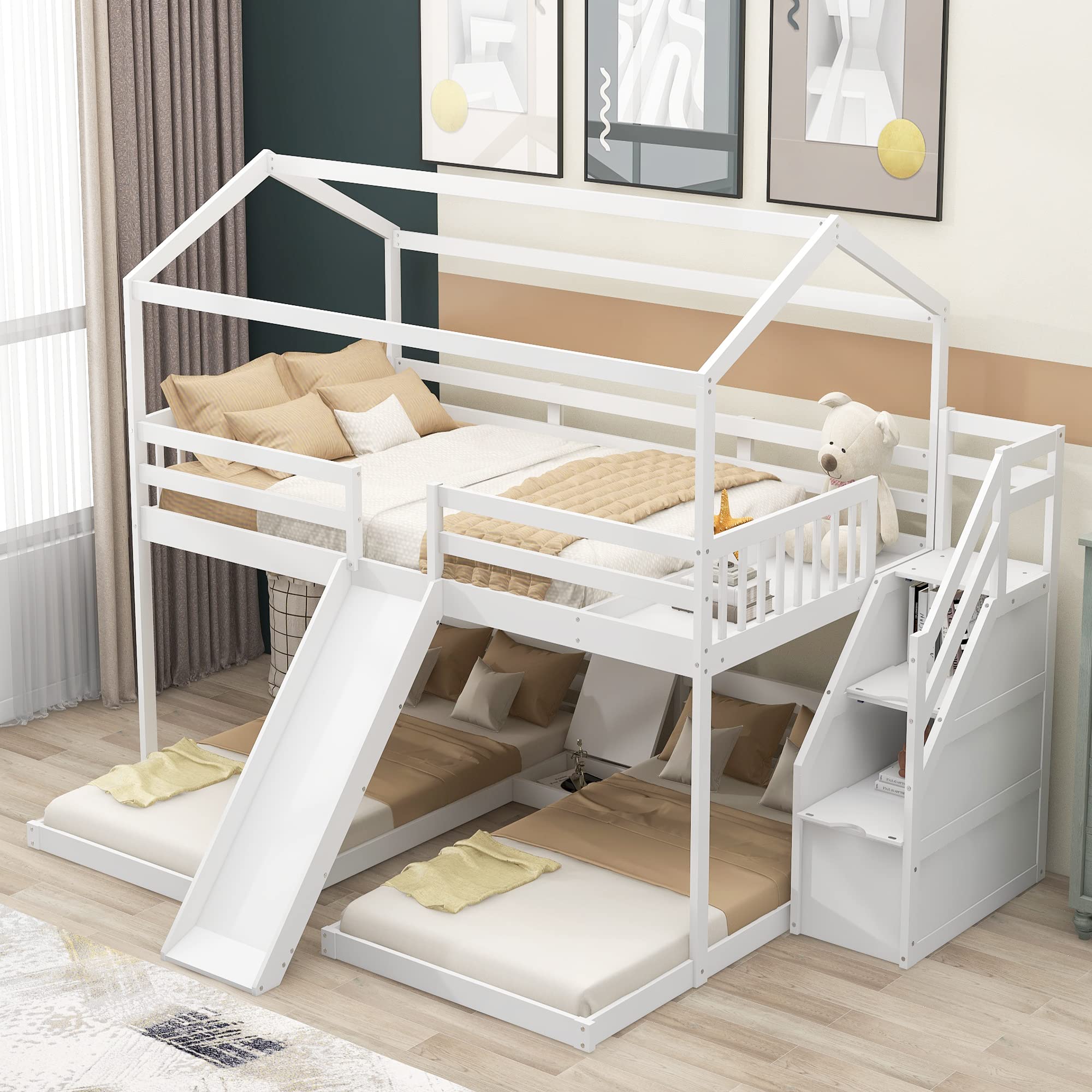 **Triple House Bunk Bed with Slide & Storage Staircase, Wood Full Over Twin & Twin Bunk Bed Frame with Built-in Drawer, Roof & Shelf - 3-in-1 Space-Saving Kids, Teens & Adults Bedroom Furniture (White) - Perfect for Small Rooms, Shared Kids' Bedrooms & Vacation Homes**