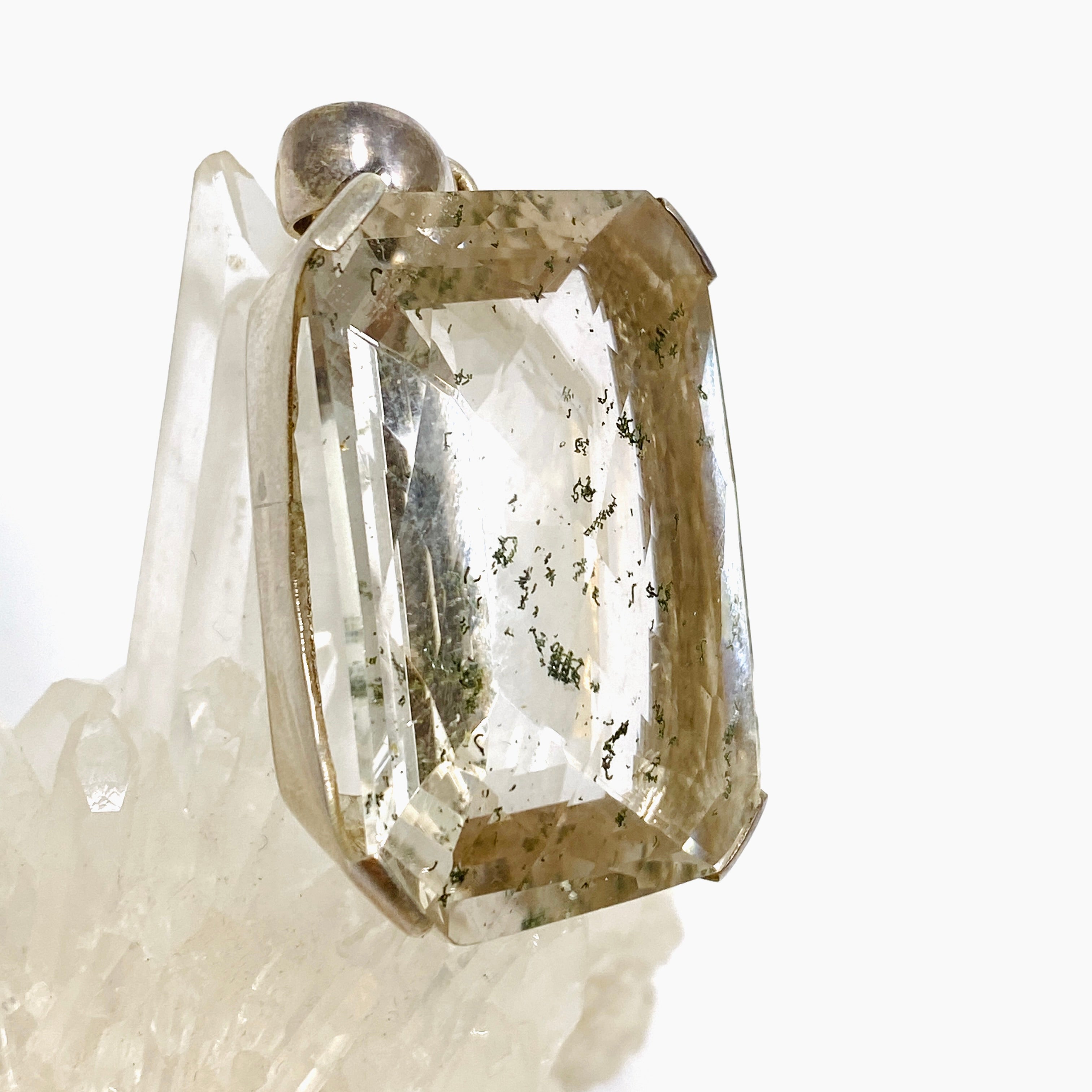 Natural Chlorite Inclusion Quartz Rectangular Checkerboard Faceted Pendant Necklace - Unique Healing Crystal Jewelry for Meditation, Energy Work & Spiritual Gifts
