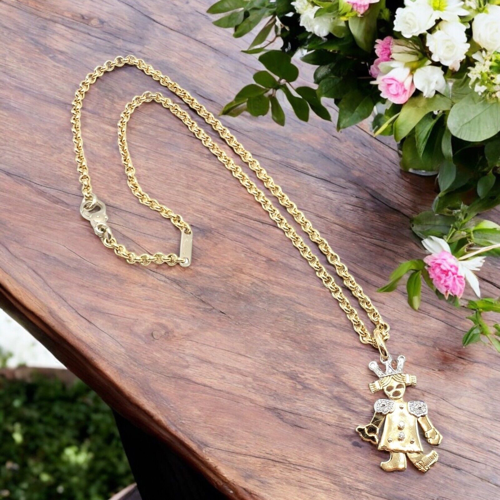 18K Yellow & White Gold Diamond Queen Pendant Necklace for Women | Luxury XL Link Chain with Animated Design | Perfect for Parties, Weddings & Special Occasions