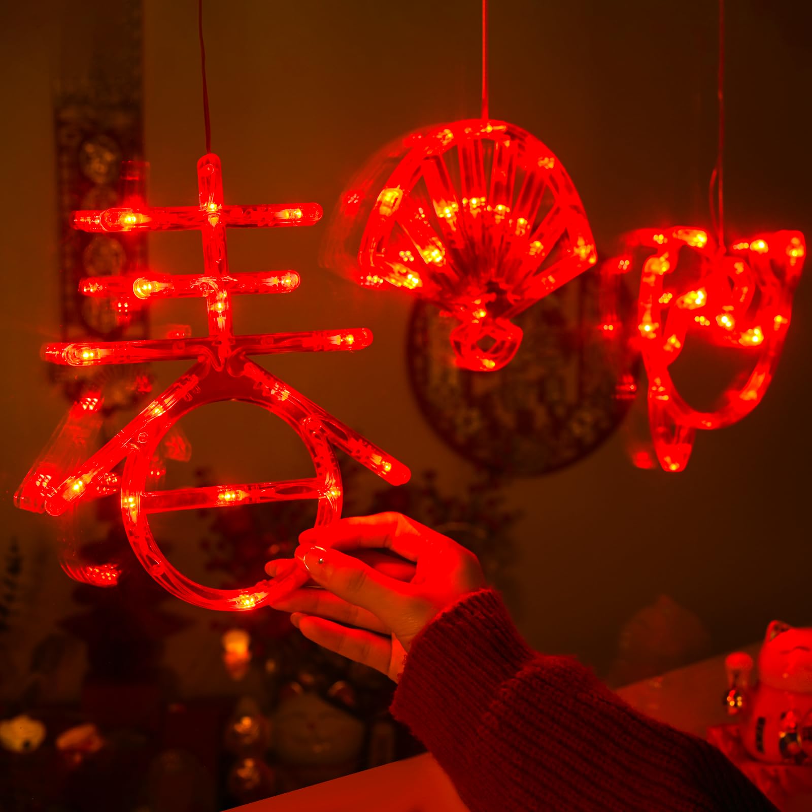 LOLStar 2025 Chinese New Year Decorations - 3 Pack Red Lunar New Year Window Lights with Chinese Fan, Spring (Chun) & Koi Fish Design | Battery Operated Hanging Lights with Suction Cups | Perfect for Spring Festival Home Decor, Party Supplies & Asian Holiday Celebrations