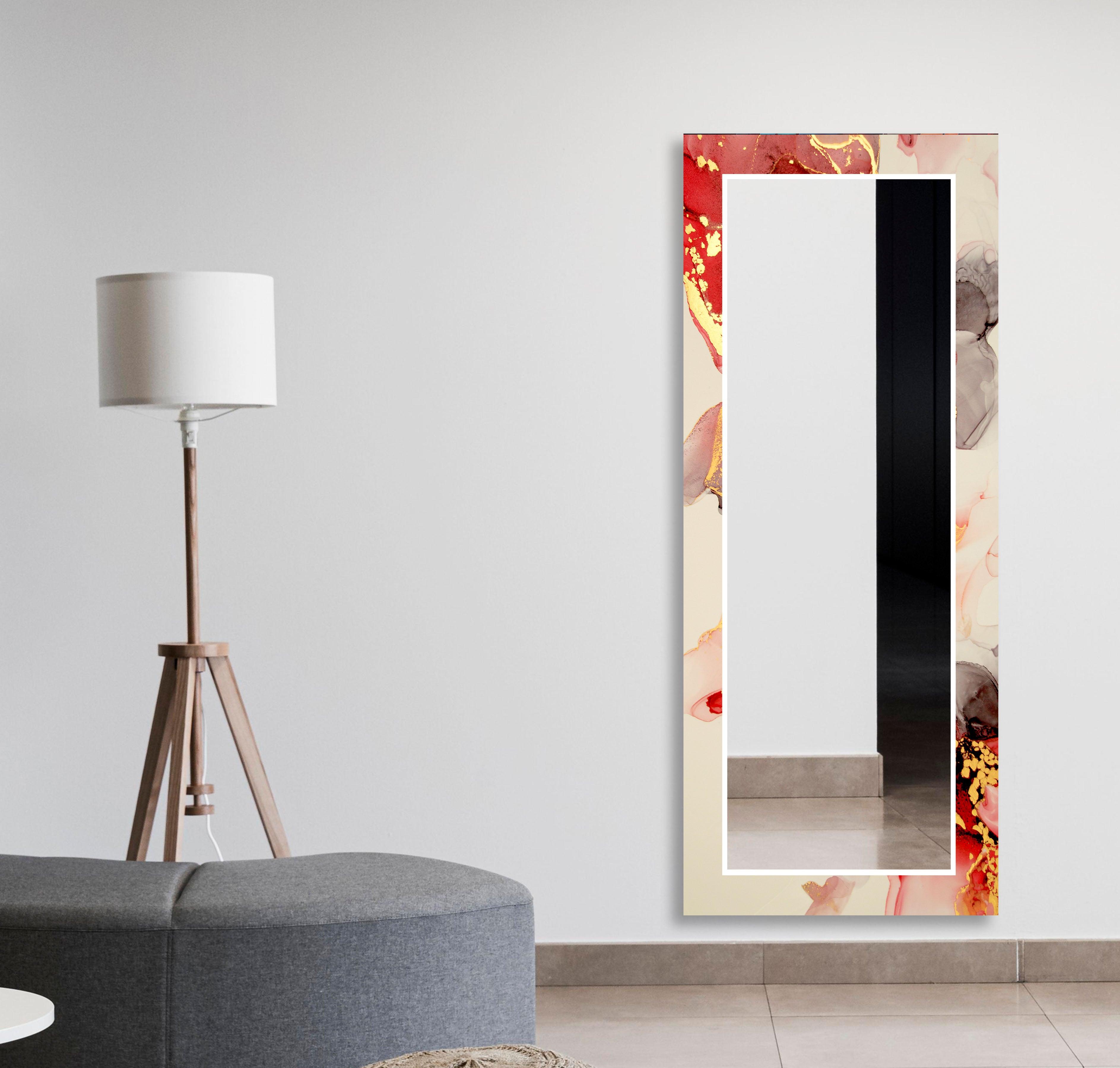 Beige and Gold Accent Wall Mirror with Red Details - Elegant Home Decor for Living Room, Bedroom, or Entryway