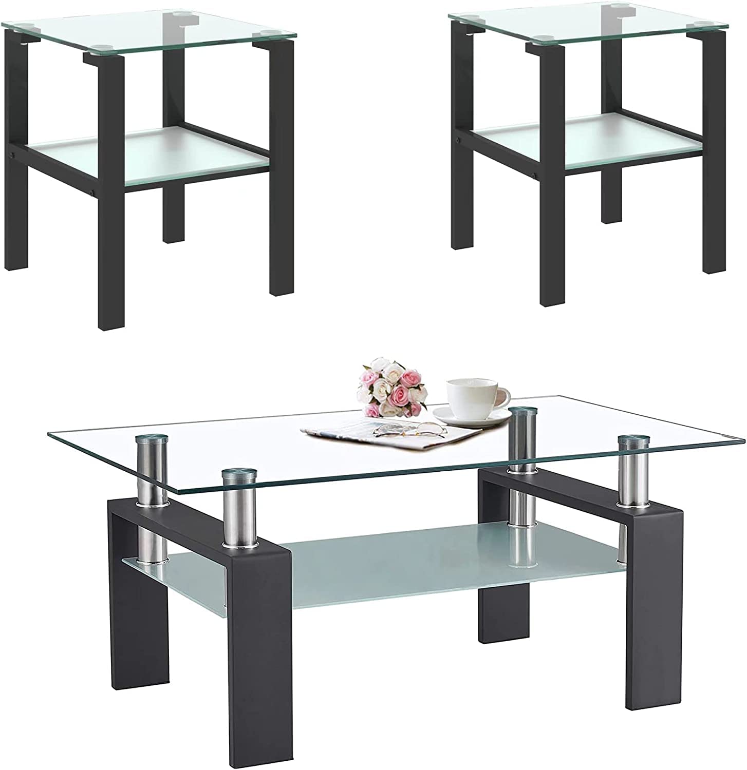 3-Piece Glass Coffee Table Set with Tempered Tabletop & Metal Frame - Black Living Room Furniture for Small Spaces & Apartments | Perfect for Modern Homes, Condos, and Office Lounges