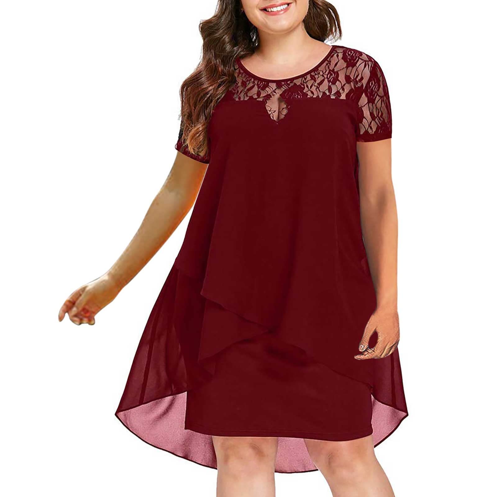 BmkBWO Women's Plus Size Summer Floral Lace Chiffon Dress - Elegant Short Sleeve Crewneck Casual Dress for Wedding Guest, Beach Vacation & Special Occasions