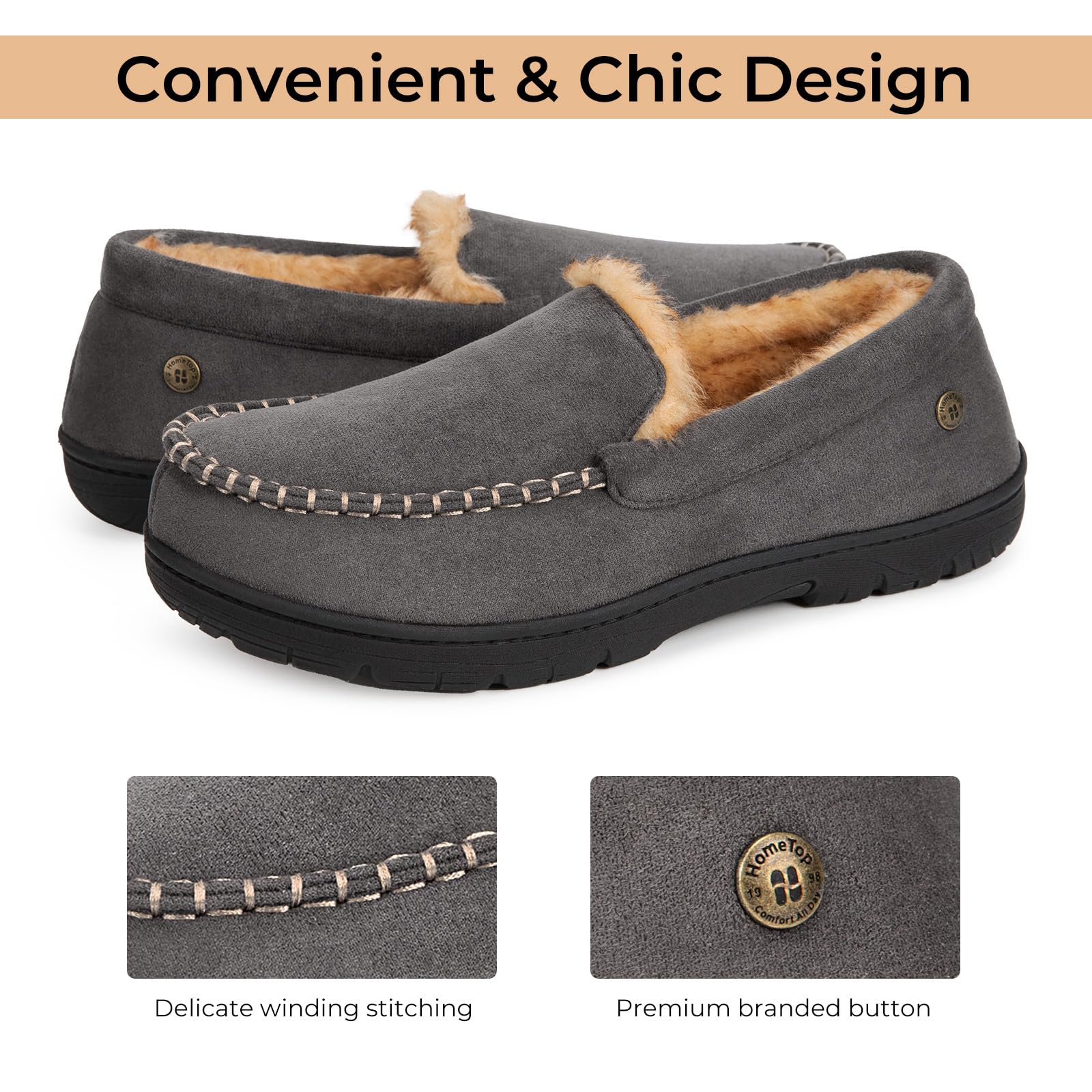 HomeTop Men's Classic Memory Foam Moccasin Slippers - Warm & Comfortable Microsuede House Shoes for Indoor & Outdoor Use - Perfect for Lounging, Running Errands, and Cold Weather Comfort