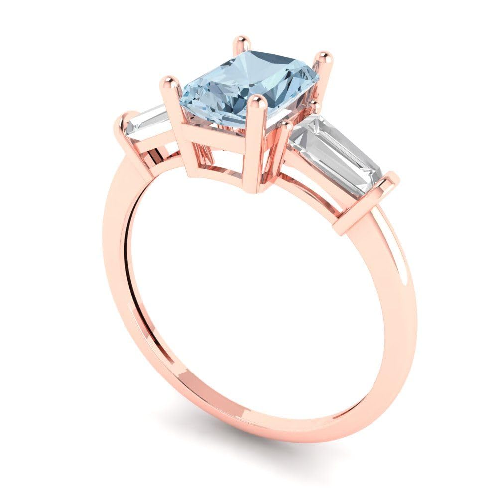 2.0 Carat Emerald Cut Aquamarine Engagement Ring - 3 Stone Solitaire Bridal Ring in 14K Rose Gold - Perfect for Anniversary, Proposal & Wedding Jewelry Gifts