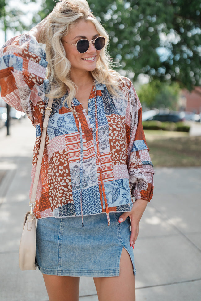 Outlook On Life Brown Multi Patchwork Printed Blouse - Women's Boho Chic Tunic Top for Casual Wear & Office Outfits