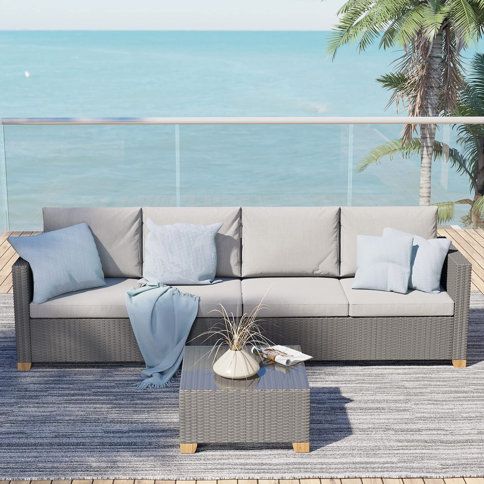 Outdoor Wicker Patio Furniture Set with Glass Coffee Table - 4-Piece Modular Sofa Set with Olefin Cushions for Backyard, Garden & Poolside - Light Gray Conversation Set for Relaxing & Entertaining Guests