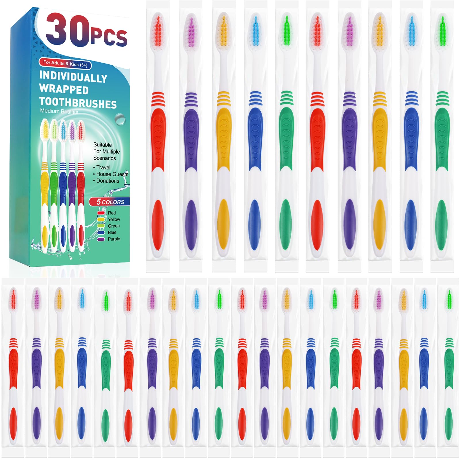30-Pack Premium Individually Wrapped Toothbrushes - Soft Bristles for Adults & Kids | Disposable Travel Toothbrushes with Ergonomic Handle | Perfect for Hotels, Donations, Camping & Emergency Kits