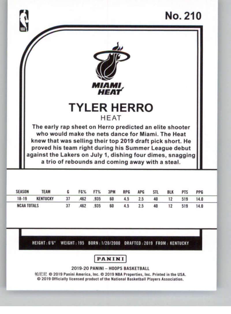 2019-20 Panini Hoops #210 Tyler Herro Miami Heat Rookie Card - NBA Basketball Trading Card for Collectors & Investors | Perfect for Sports Memorabilia Displays & Fantasy League Fans