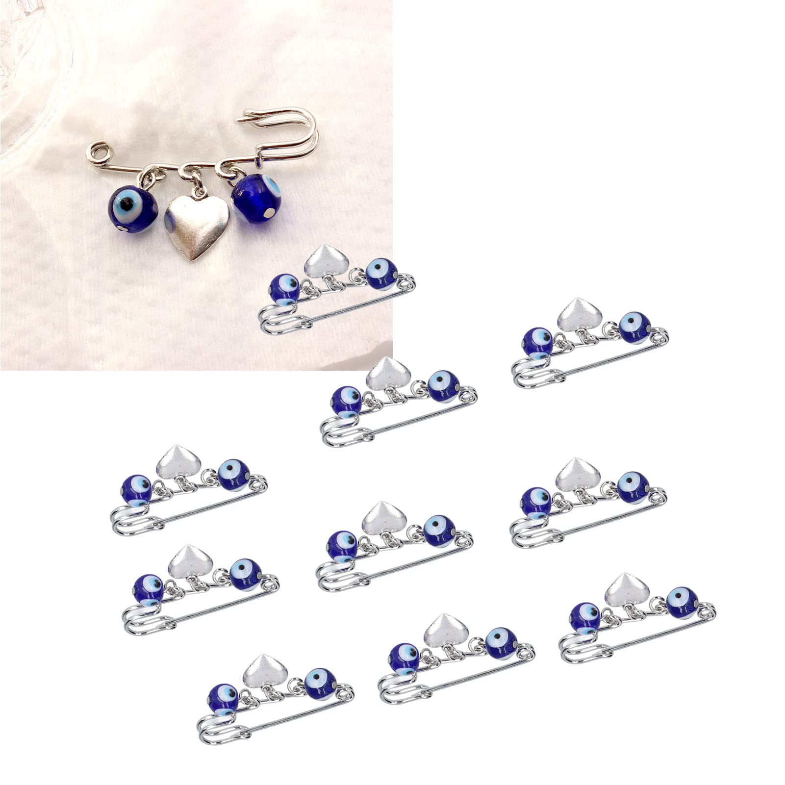 10pcs Blue Evil Eye Brooch Pins - Silver Heart Safety Pins for Women's Clothing & Dresses