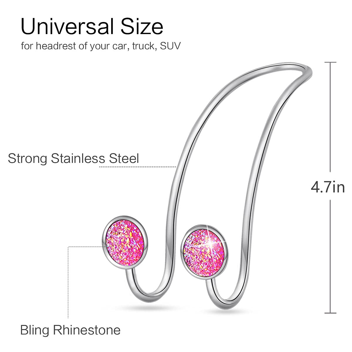 4 Pack Bling Car Hooks for Purses & Bags - Stainless Steel Universal Headrest Hooks for Car Seat Covers (Pink) | Perfect for Organizing Handbags, Groceries & Shopping Bags While Driving
