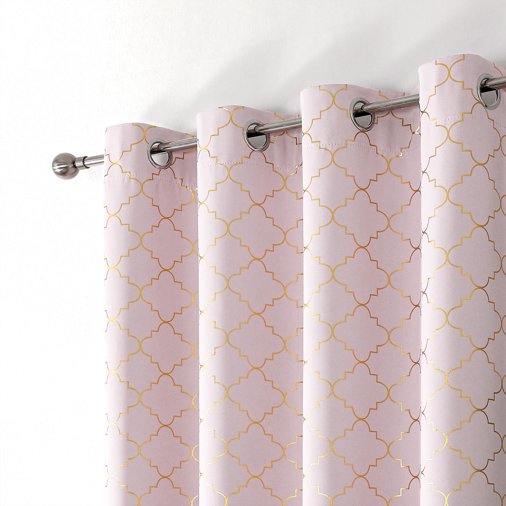 Enactex 100% Blackout Thermal Insulated Curtains - 95 Inch Long Pink Drapes with Gold Geometric Pattern, Room Darkening Grommet Window Panels for Girls Bedroom & Living Room | Perfect for Light Blocking, Privacy & Energy Efficiency