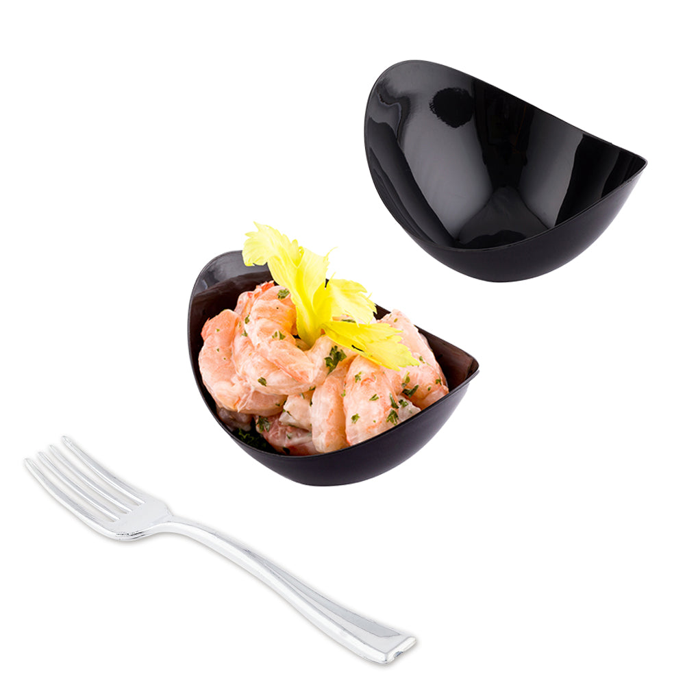 100-Pack 2 oz Black Plastic Oval Tasting Dishes with 100 Silver Mini Forks - Perfect for Wine Tasting, Cheese Sampling, and Party Appetizers