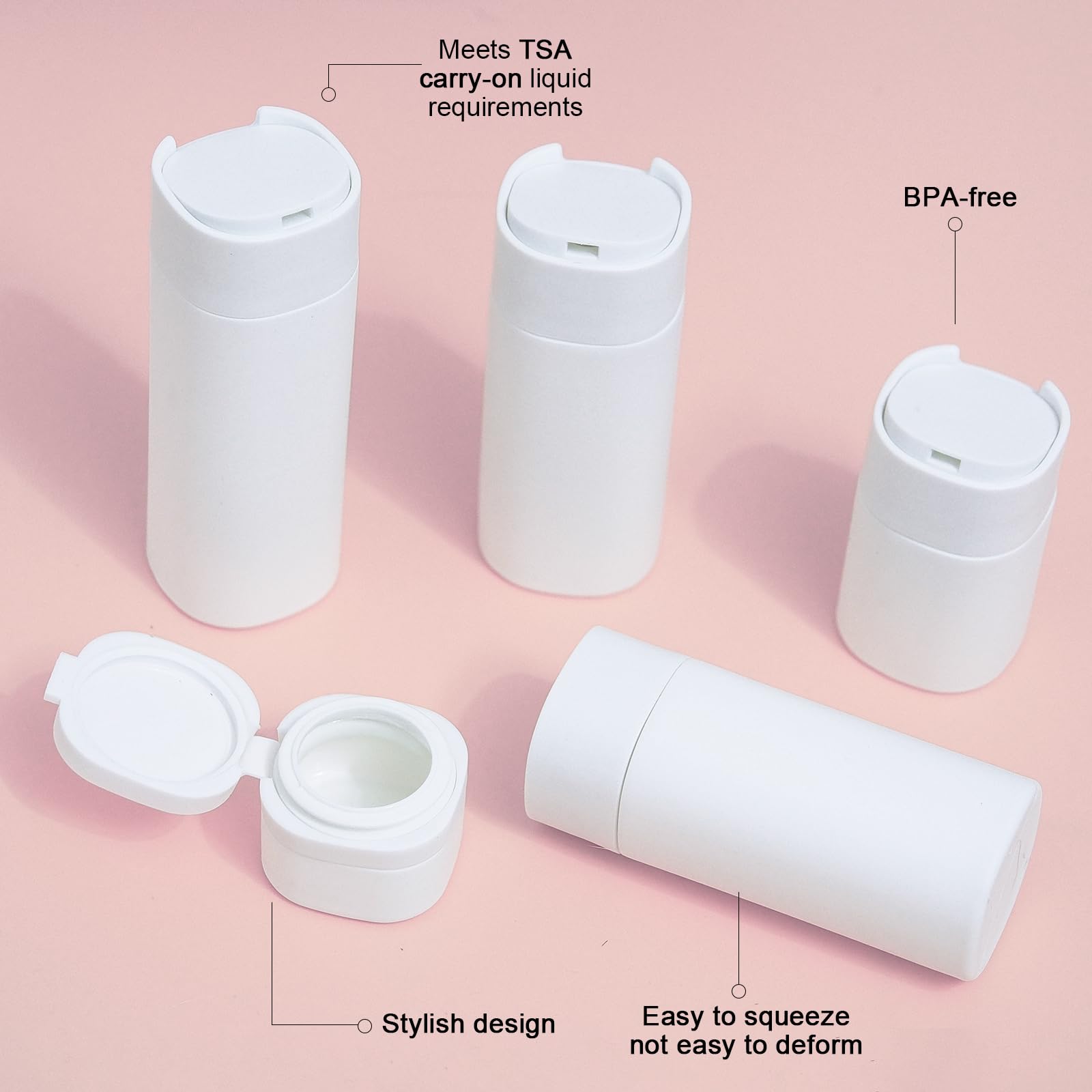 5pcs TSA Approved Travel Bottles for Toiletries - Leak Proof Refillable Shampoo & Conditioner Containers with Clear Toiletry Bag (White) - Perfect for Air Travel, Camping & Gym Essentials