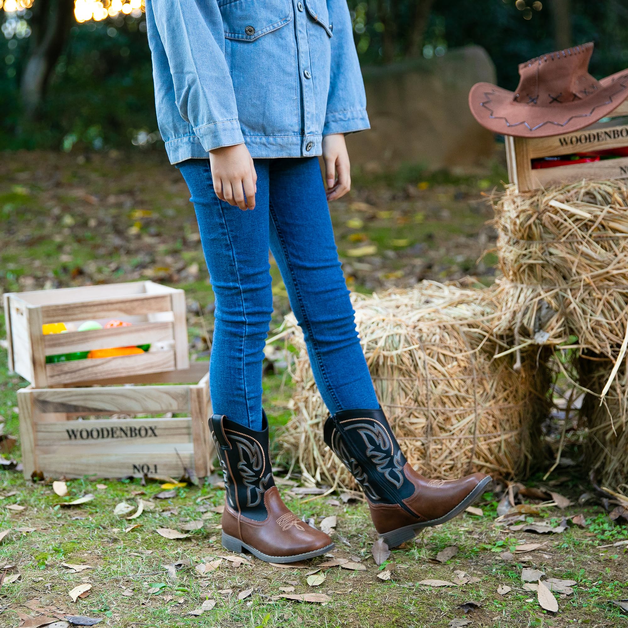Blikcon Kids Cowboy Boots for Boys & Girls - Embroidered Square Toe Western Rodeo Boots with Side Zipper | Toddler, Little Kid & Big Kid Sizes | Perfect for Rodeo, Cowboy Parties & Western Fashion