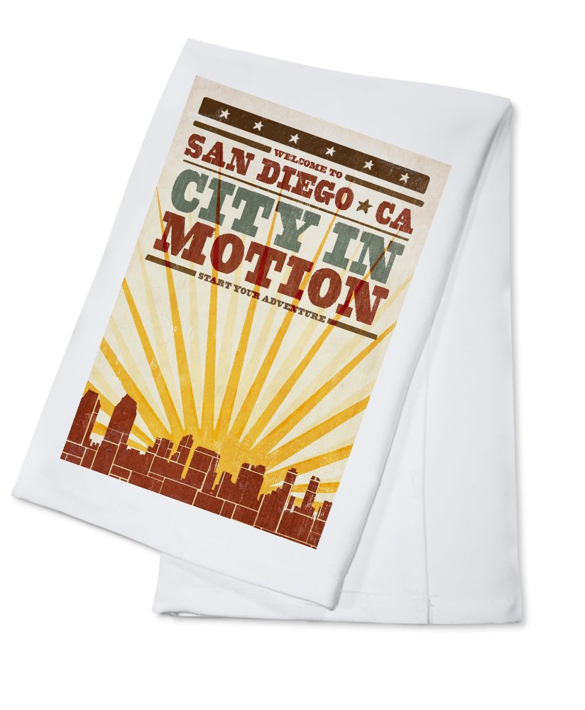 San Diego California Skyline & Sunburst Screenprint Tea Towel - 100% Cotton Decorative Hand Towel for Kitchen, Home Decor & Gift - Perfect for Dish Drying, Wall Art & Coastal Themed Decor