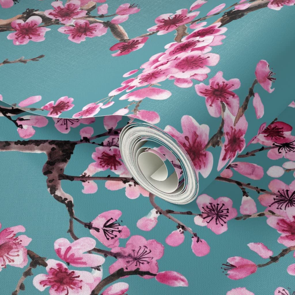 Peel & Stick Removable Wallpaper 12ft x 2ft - Turquoise Pink Floral Japanese Tree Design | Self-Adhesive Wall Decal for Bedroom, Living Room, Nursery & Office Decor