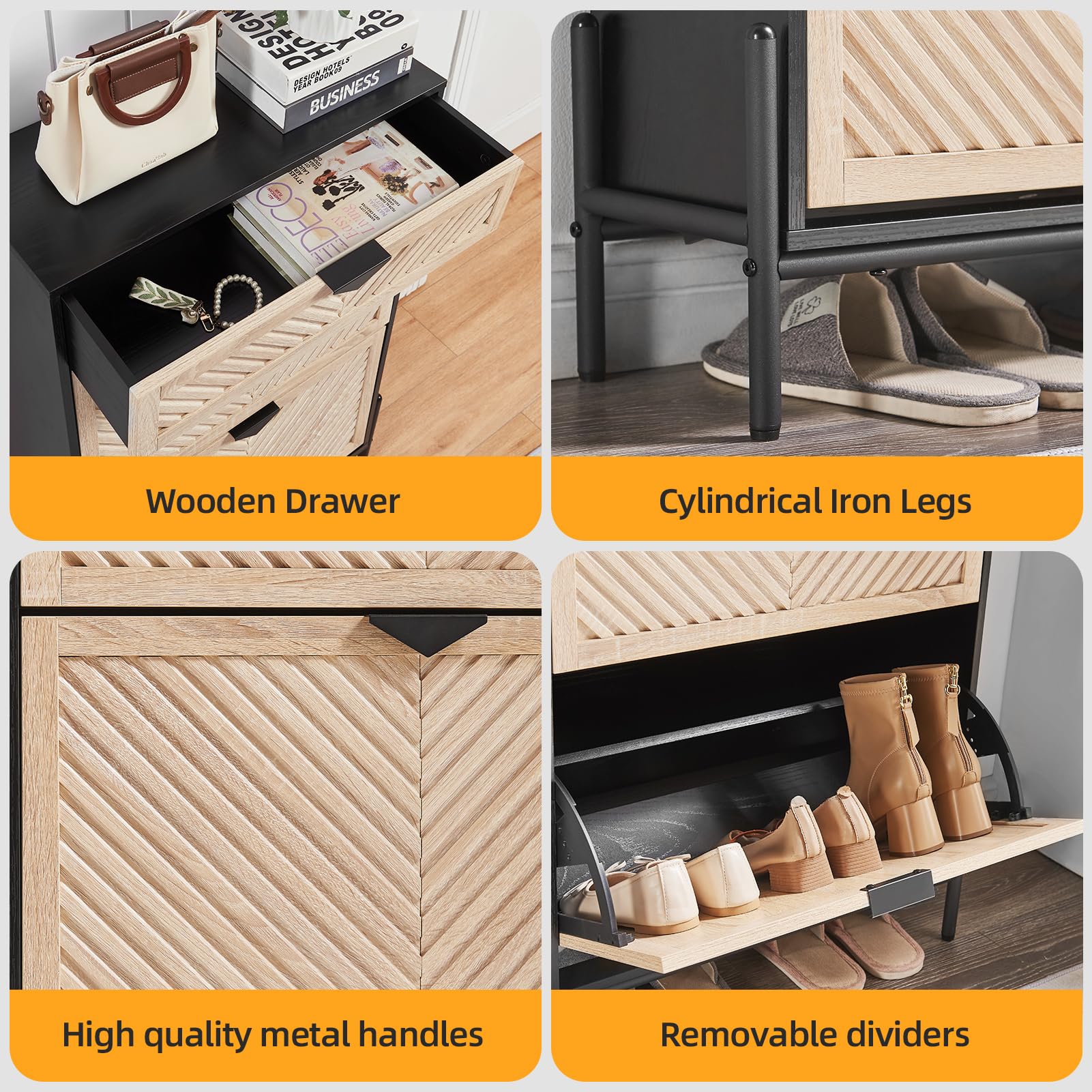 2-Tier Flip-Drawer Shoe Storage Cabinet - Narrow Freestanding Shoe Organizer for Entryway & Front Door - Space-Saving Oak Shoe Rack for Small Spaces - Perfect for Apartments, Dorms & Closet Organization