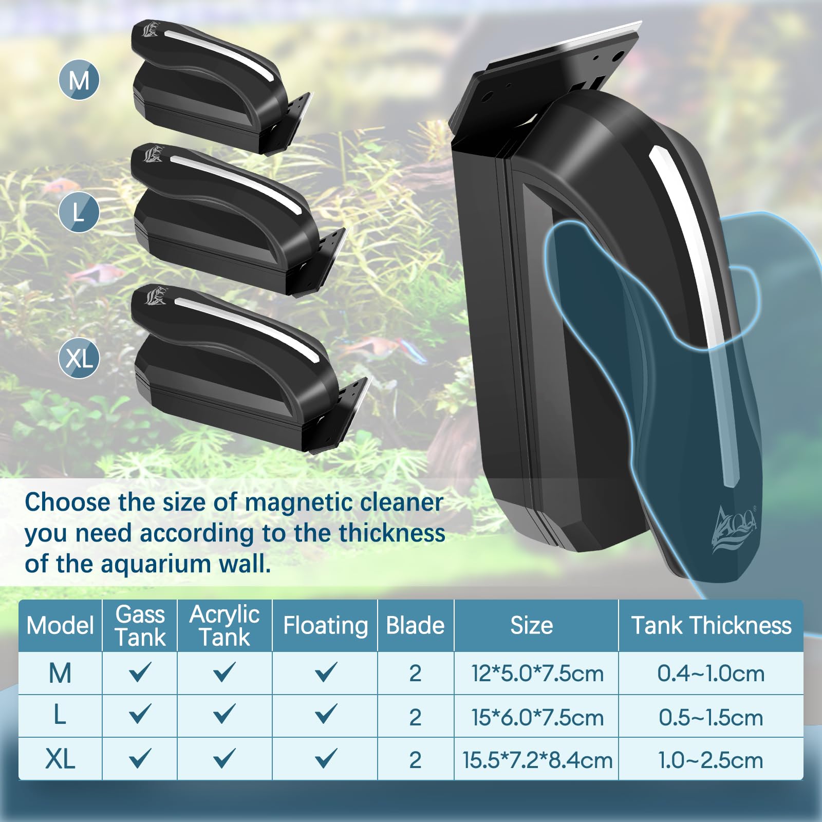 AQQA Magnetic Aquarium Cleaner for Glass & Acrylic Tanks - Dual Scraper Algae Remover Brush for Freshwater & Saltwater Fish Tanks (XL Size) - Perfect for Reef, Planted, and Nano Aquariums