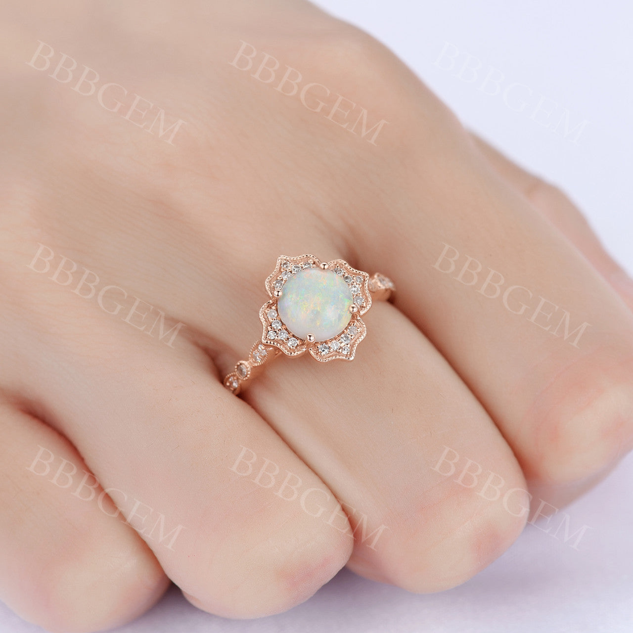 Vintage 1.2CT White Fire Opal Engagement Ring with Diamond Halo in Rose Gold - Perfect for Proposals, Anniversaries & Special Occasions