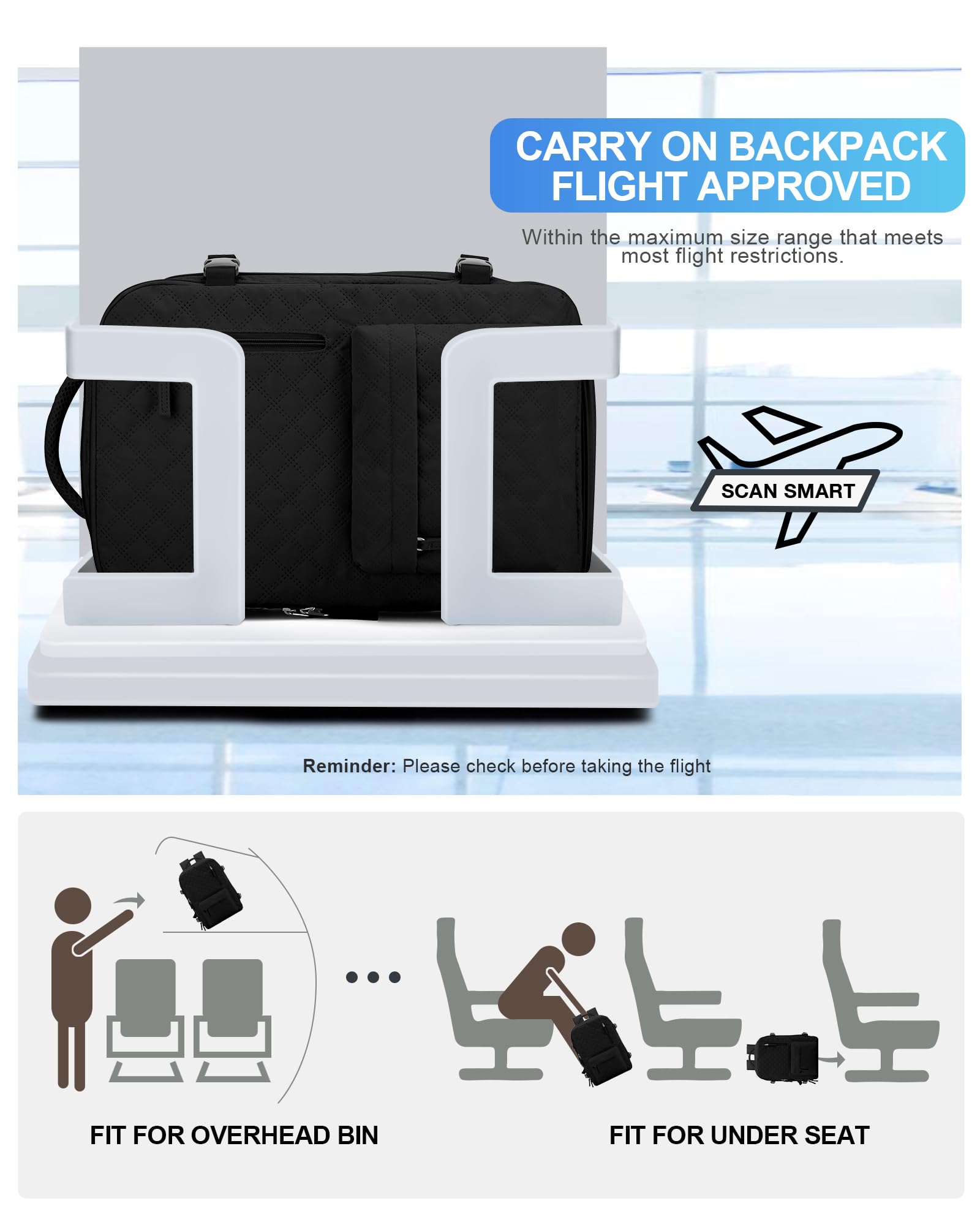 Underseat Carry On Backpack for Women - Airplane Approved Cabin Bag, 14 Inch Laptop Backpack for Business Travel & Casual Work (K1-Black) | Perfect Personal Item for Flights & Commuting