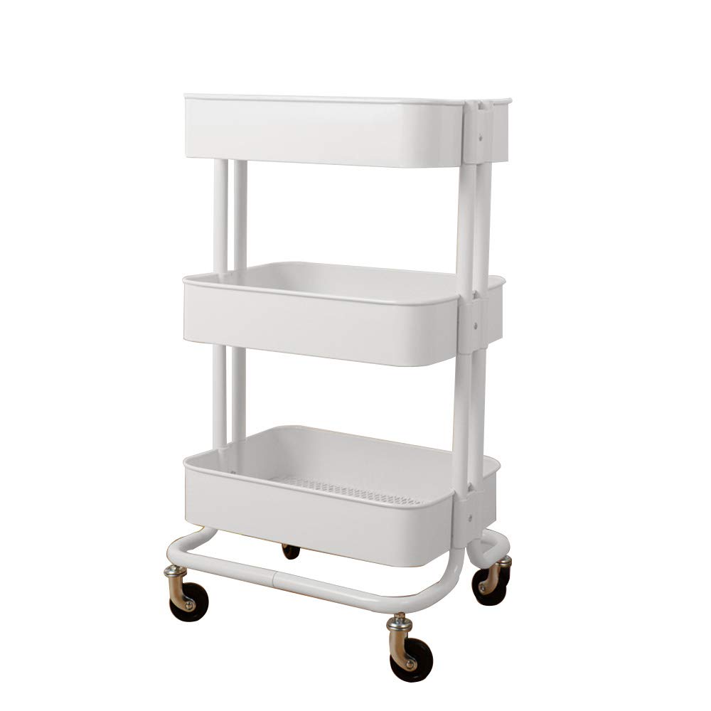 ZR- White Mobile Kitchen Stroller Rack with Pulley System - Space Saving Storage Organizer for Beauty Salon, Dining Cart & Home Kitchen Use