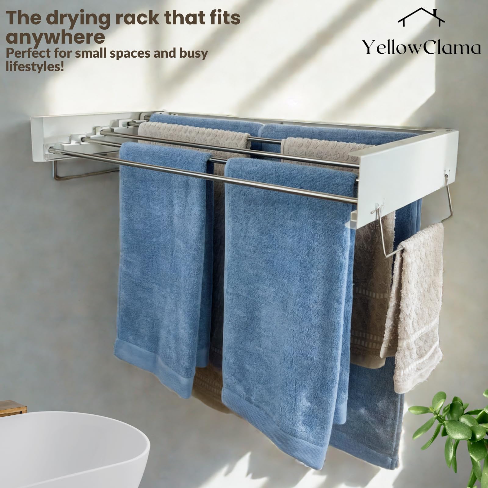 Wall Mounted Drying Rack - Space Saving Foldable Laundry Rack with 5 Stainless Steel Rods, Wall Template & 2 Hanger Supports (31.5
