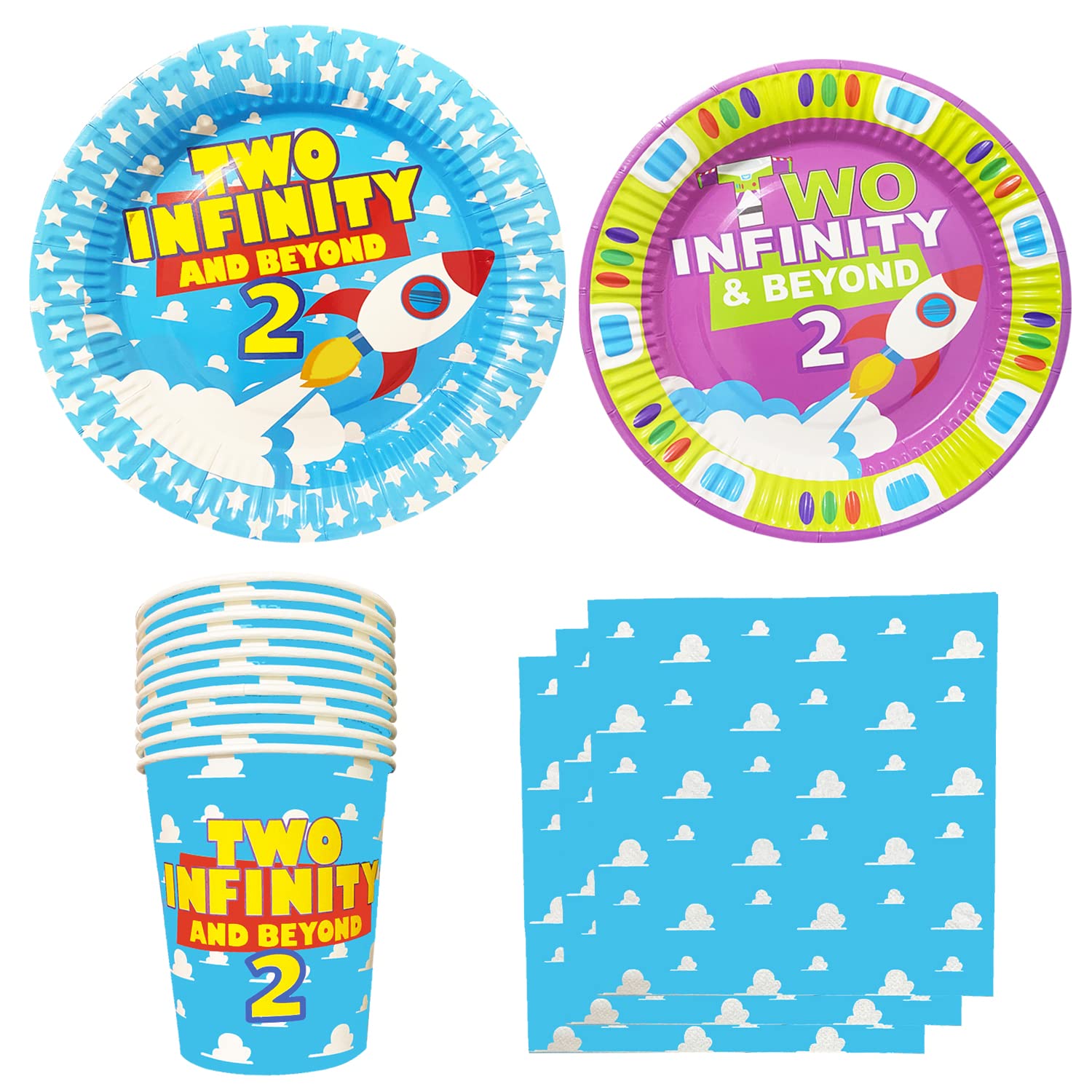 Two Infinity & Beyond Plates, Cups, Napkins - 2nd Birthday Party Supplies Set | Cartoon Themed Decorations for Kids Birthday Celebrations, Baby Showers & Disney Pixar Toy Story Inspired Events