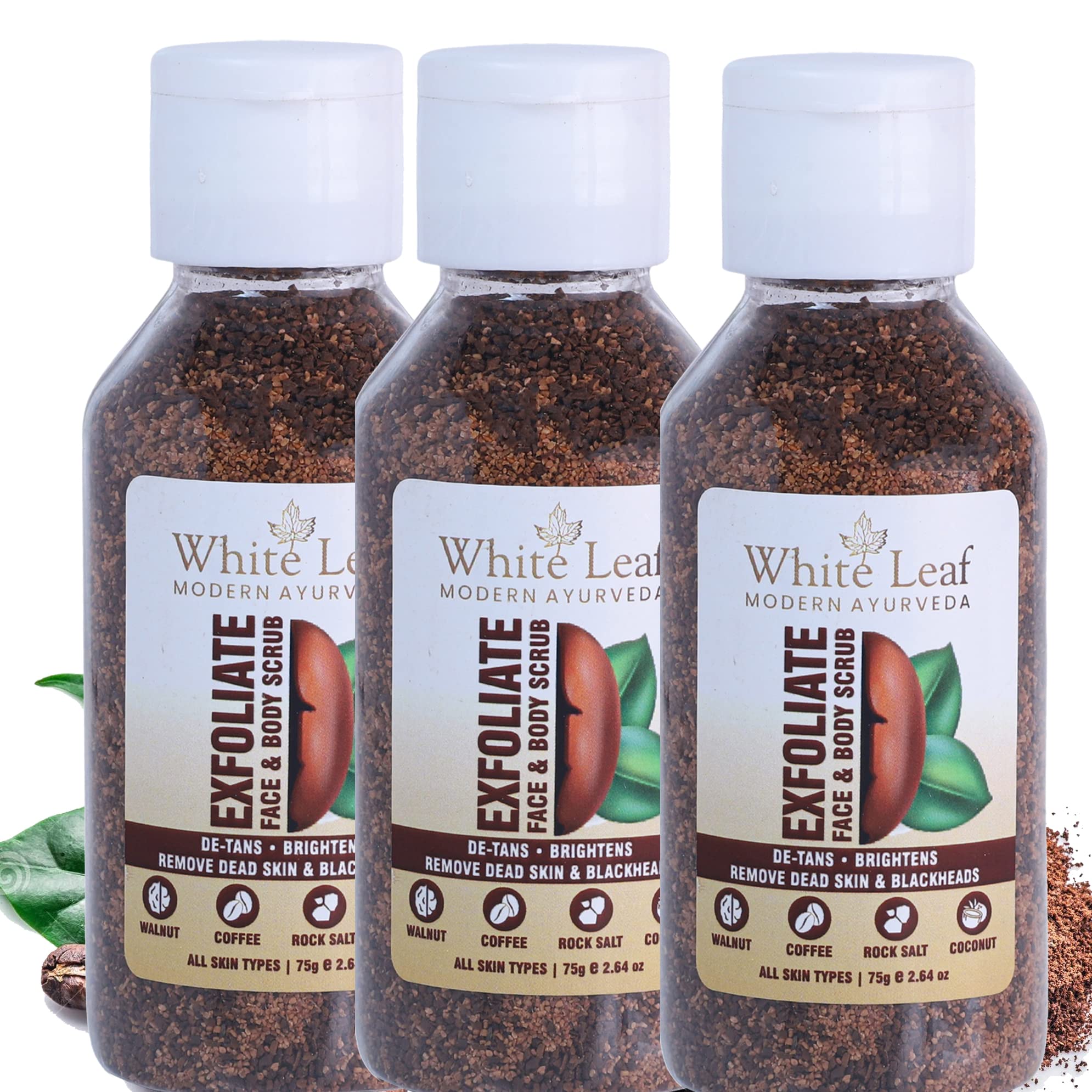 White Leaf Exfoliating Walnut Scrub 75g (Pack of 3) - Coffee & Coconut Face & Body Scrub for Dead Skin Removal, Tan Reduction, Blackhead Treatment - Deep Cleansing for Pollution-Free Skin - Perfect for Daily Skincare Routine & Spa Days