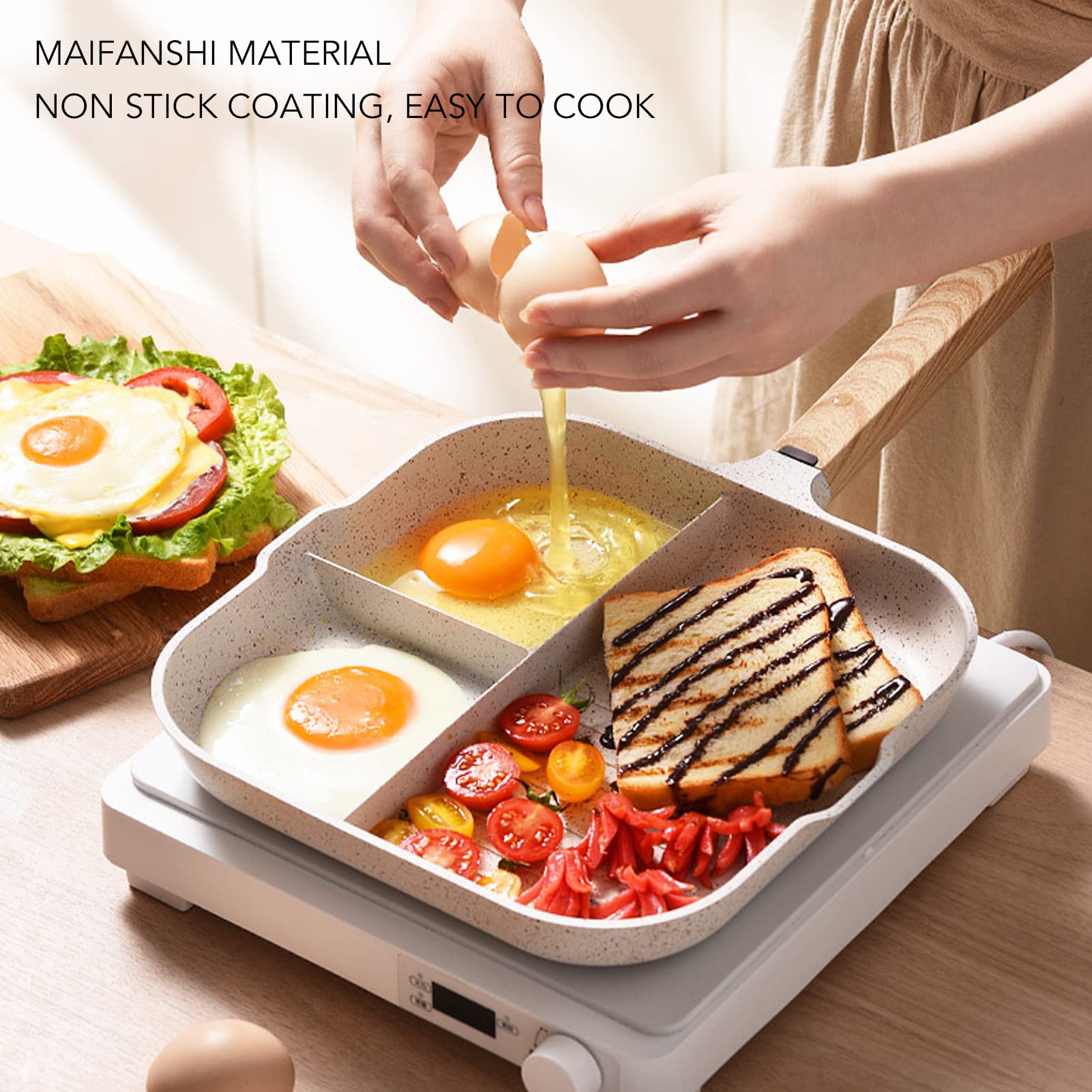 Nonstick 3-in-1 Divided Breakfast Pan - Egg, Bacon & Burger Skillet with 3 Compartments | Lightweight Multi-Functional Griddle for Perfect Pancakes, Omelets & Sandwiches | Ideal for Camping, RV Trips & Quick Breakfasts