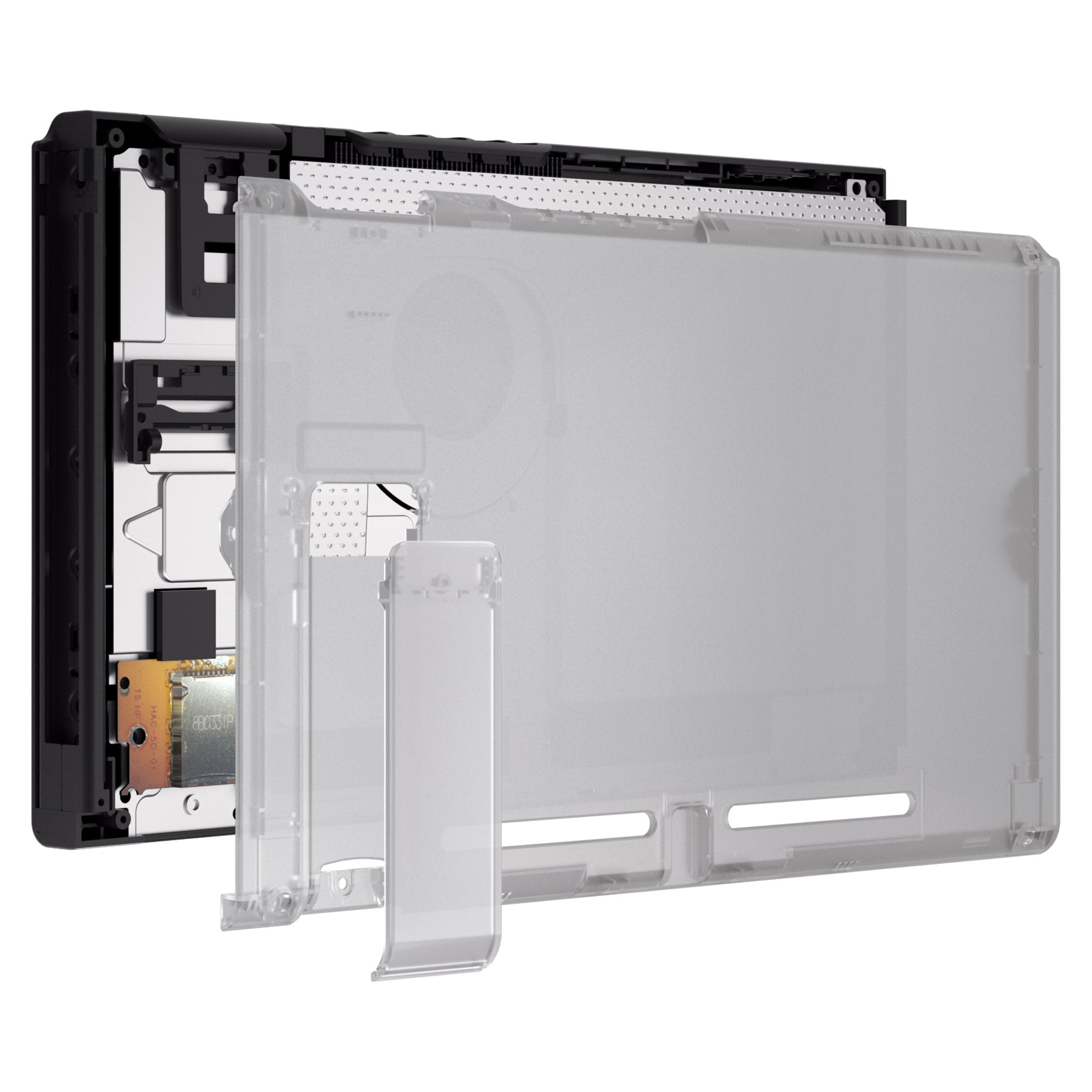 eXtremeRate Clear Black Replacement Back Plate with Kickstand for Nintendo Switch Console - Durable Gaming Accessory for Enhanced Comfort & Protection During Play