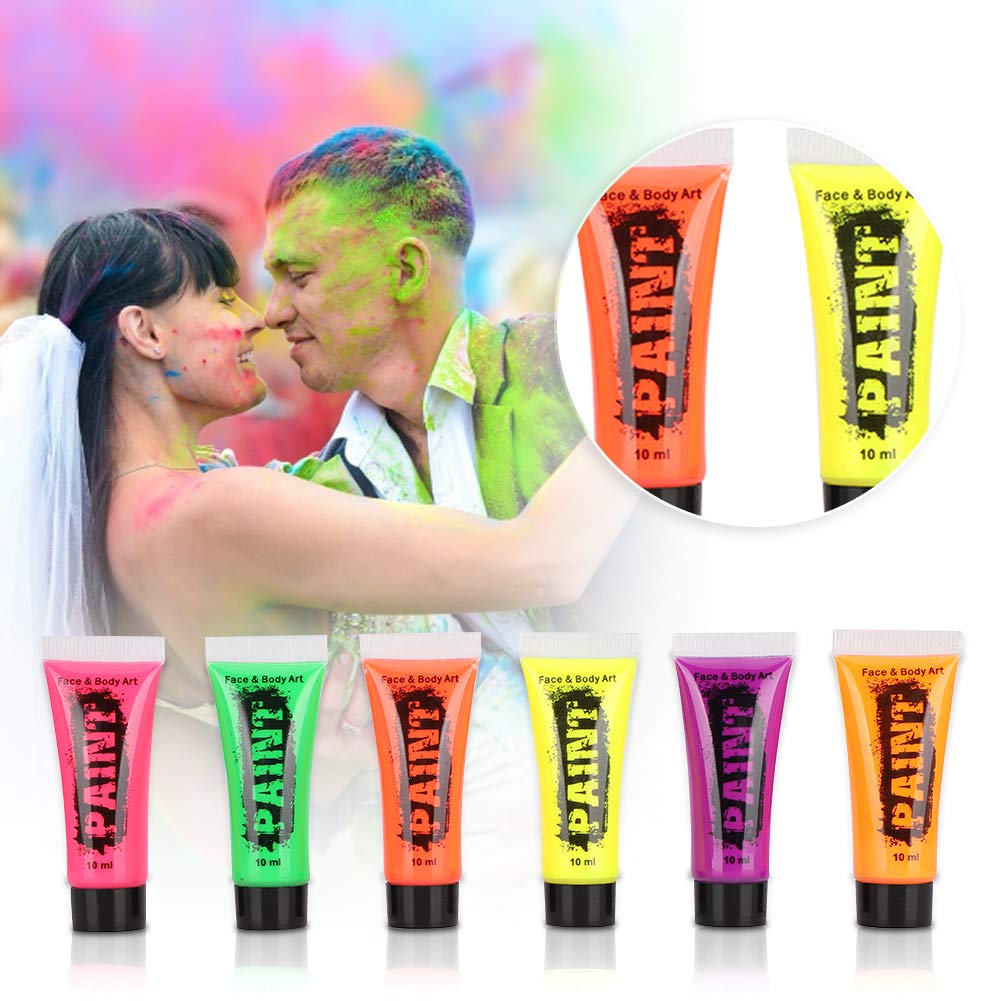 Sluffs 6-Color 60ml Fluorescent Body Paint Kit - Non-Toxic Face & Body Makeup Pigments for Halloween, Cosplay, Festival Body Art & UV Party Paint