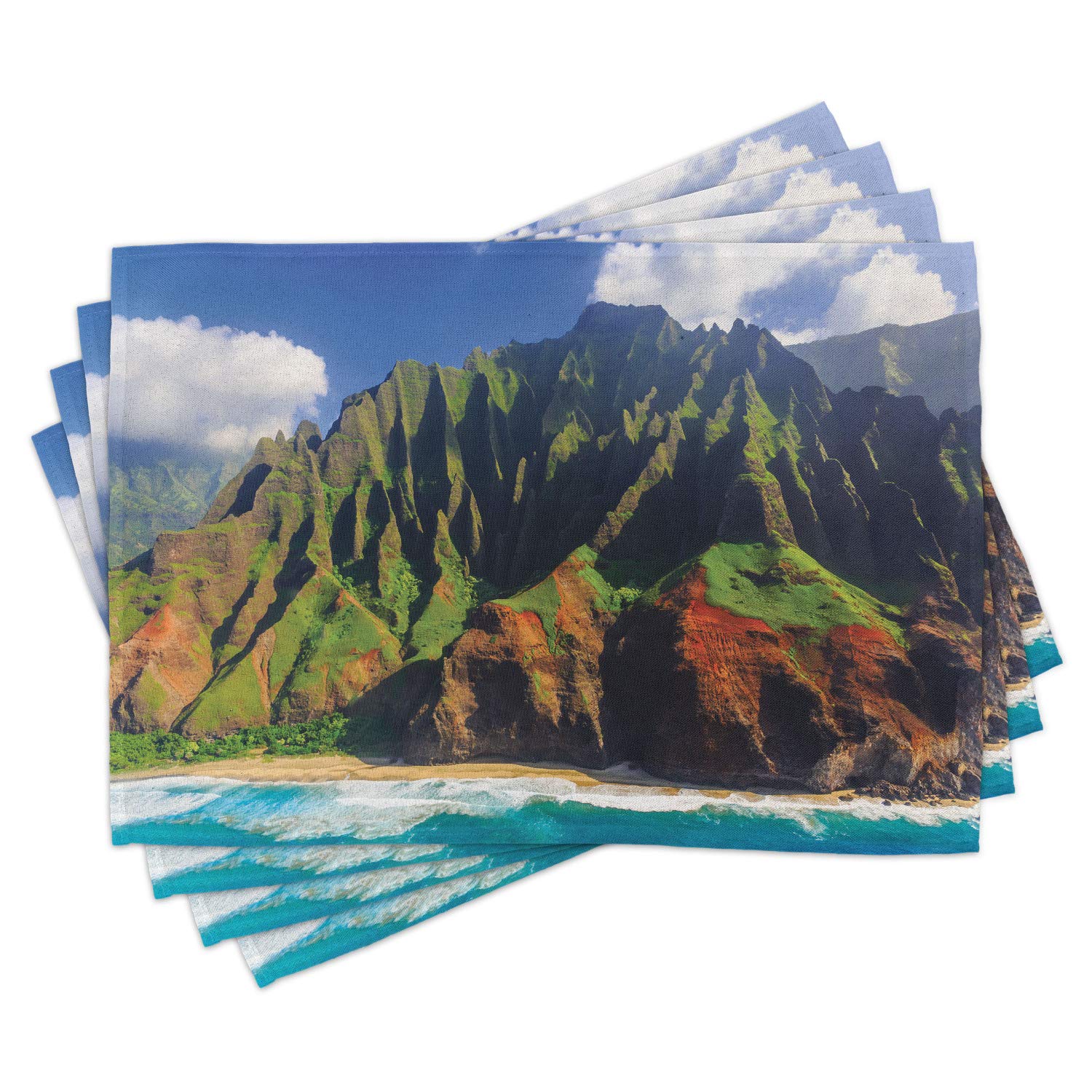 Ambesonne Hawaiian Place Mats Set of 4 - Aerial View of Na Pali Coast Kauai Hawaii Scenic Photo - Washable Fabric Table Mats for Dining Room - Standard Size Brown Green - Perfect for Beach House Decor, Tropical Theme Parties & Coastal Home Dining