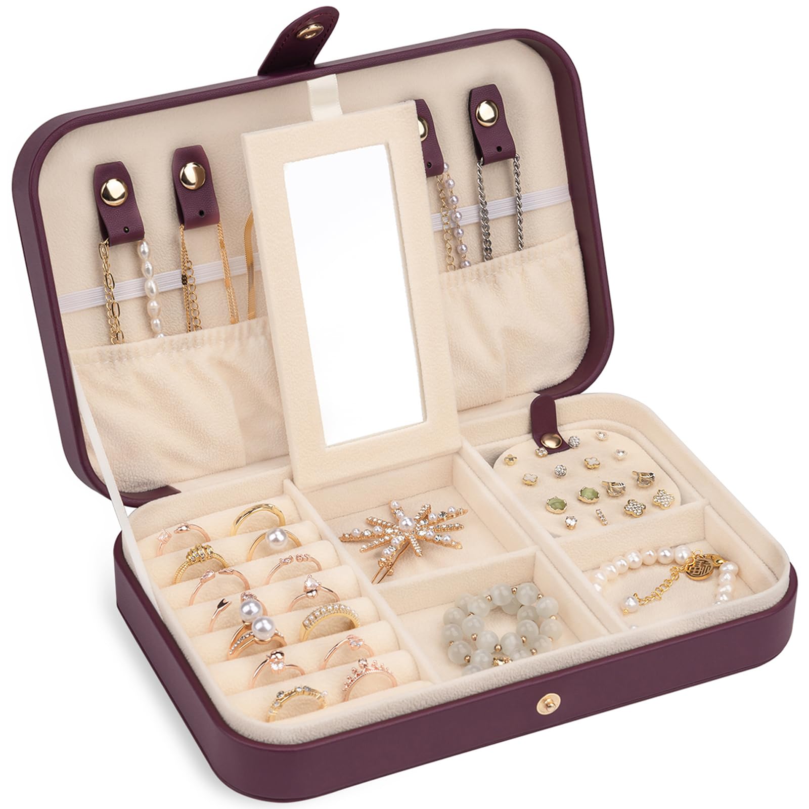 Portable Jewelry Organizer with Mirror - Travel Jewelry Box for Women, Burgundy Red - Perfect for Travel & Storage