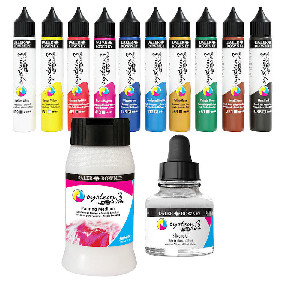 Daler Rowney System3 Fluid Acrylic Paint Set - 10 Vibrant Colors for Artists | Perfect for Canvas Painting, Pouring Art & Mixed Media Projects