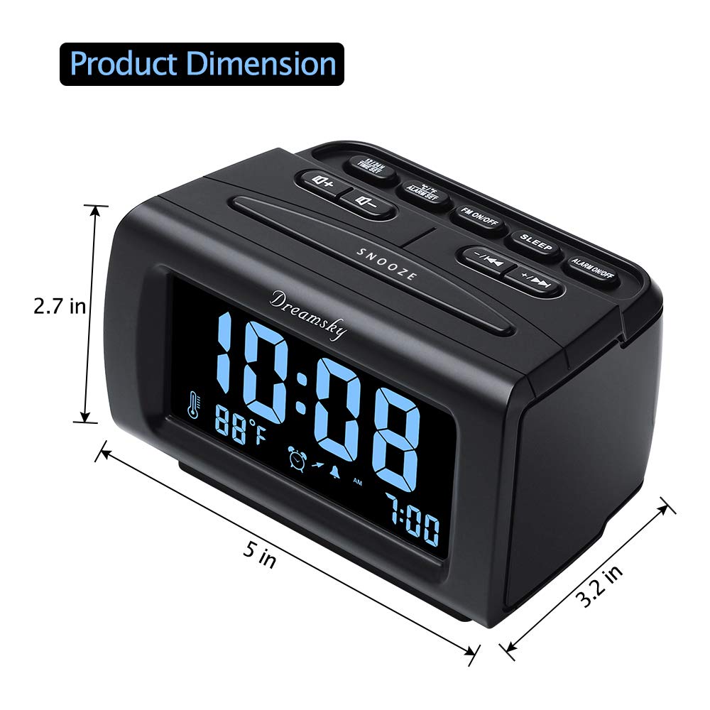 DreamSky Digital Alarm Clock Radio with Large Display, Battery Backup, USB Port & Sleep Timer - Adjustable Brightness, Volume & Snooze - FM Radio with Temperature Display for Bedroom, Office & Travel
