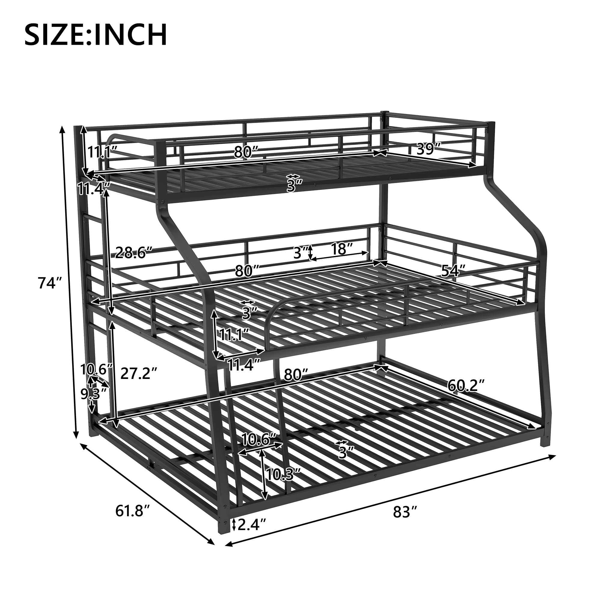 Black Triple Bunk Bed Frame for Twin XL/Full XL/Queen Size - Sturdy Metal Frame with Long & Short Ladder & Full-Length Guardrails - Perfect for Kids' Bedrooms, Dormitories & Space-Saving Home Solutions