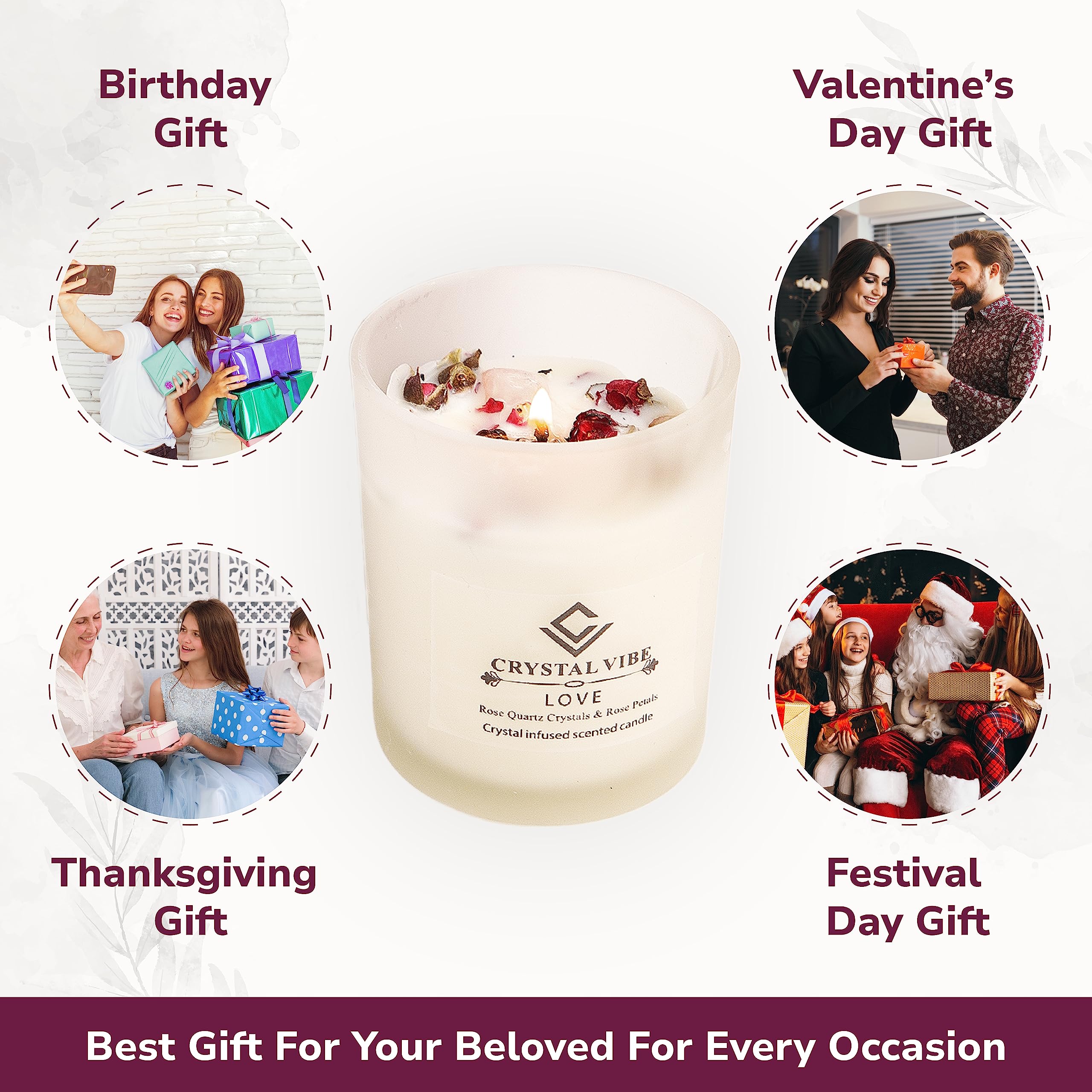 Rose Quartz Love Candle with Rose Petals - Romantic Rose Scented Aromatherapy Candle for Attraction & Relationships - Perfect Valentine's Day, Anniversary or Christmas Gift for Her - Home Decor, Meditation & Relaxation